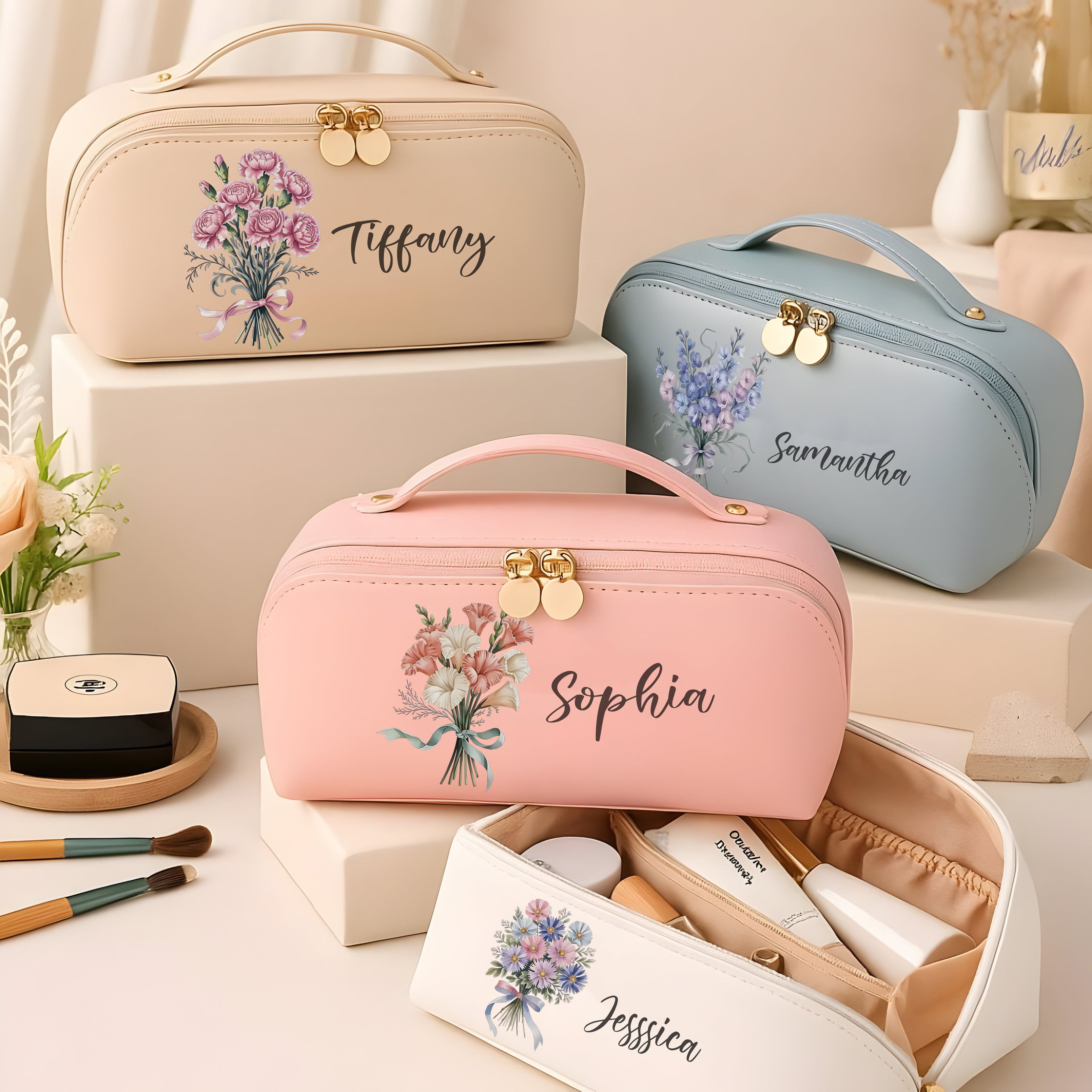 Personalized Leather Makeup Bag with Name, Custom Birth Flower Travel Cosmetic Bag, Bridesmaid Gift, Gift for Her, Birthday Gift, Mother’s Day Gift