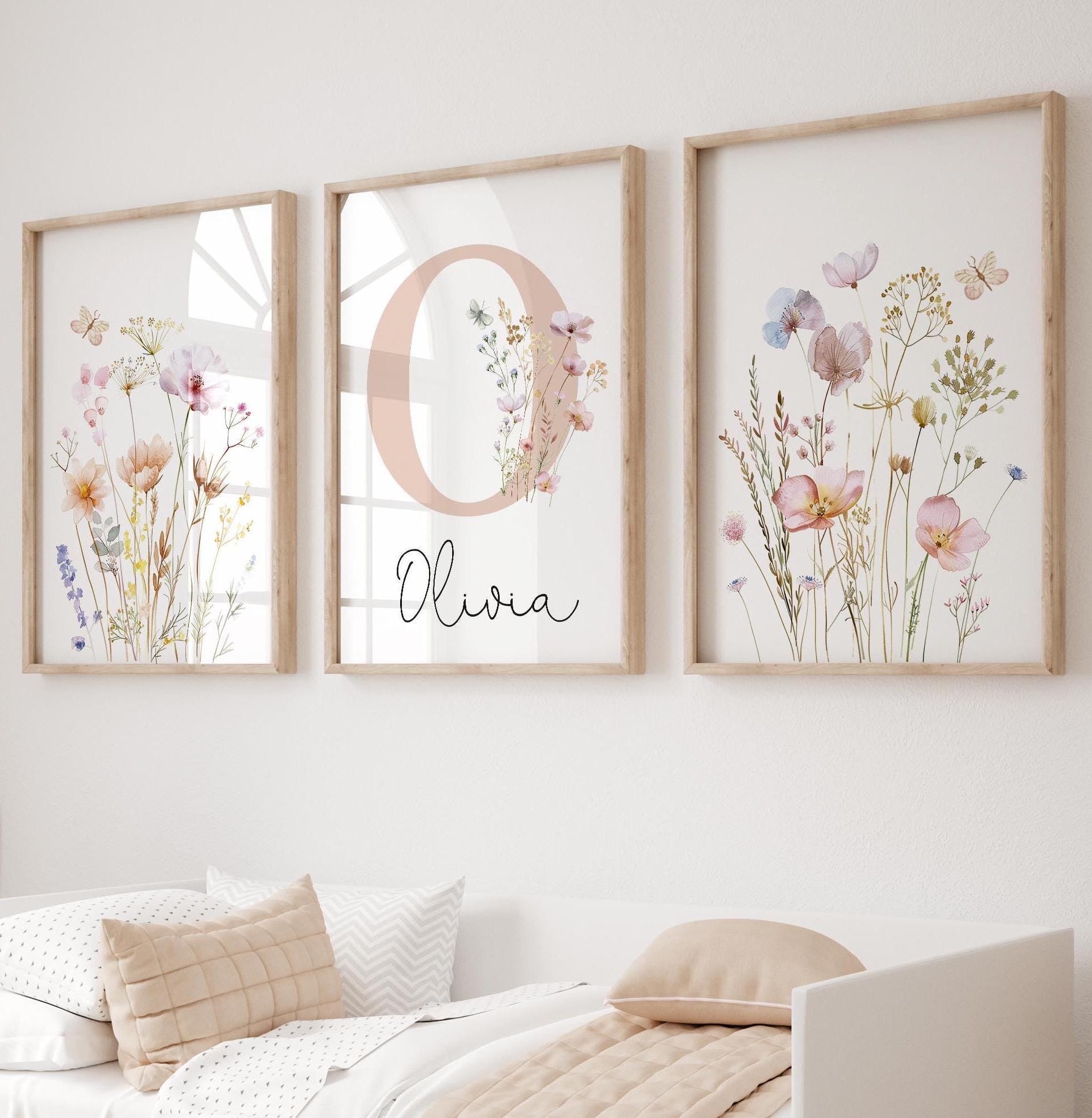 Floral Nursery Wall Art, Custom Wildflowers Prints, Boho Baby Girl Nursery Decor, Watercolor Flowers, Personalized Name - Initial, Digital