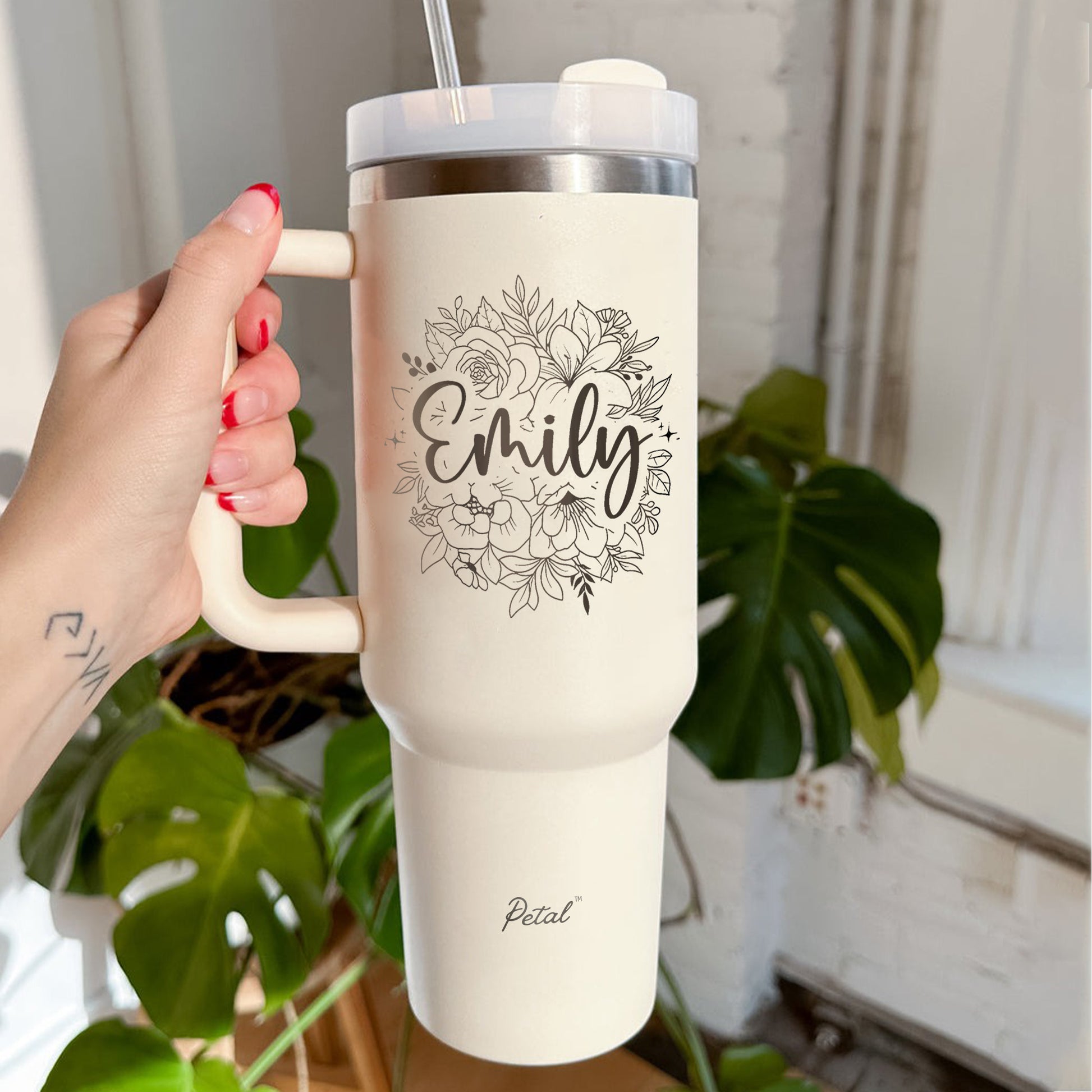 Personalized Flowers With Name Tumbler 40oz, Stainless Steel Tumblers With Straw Handle, Custom Design Tumbler, Birthday Gift