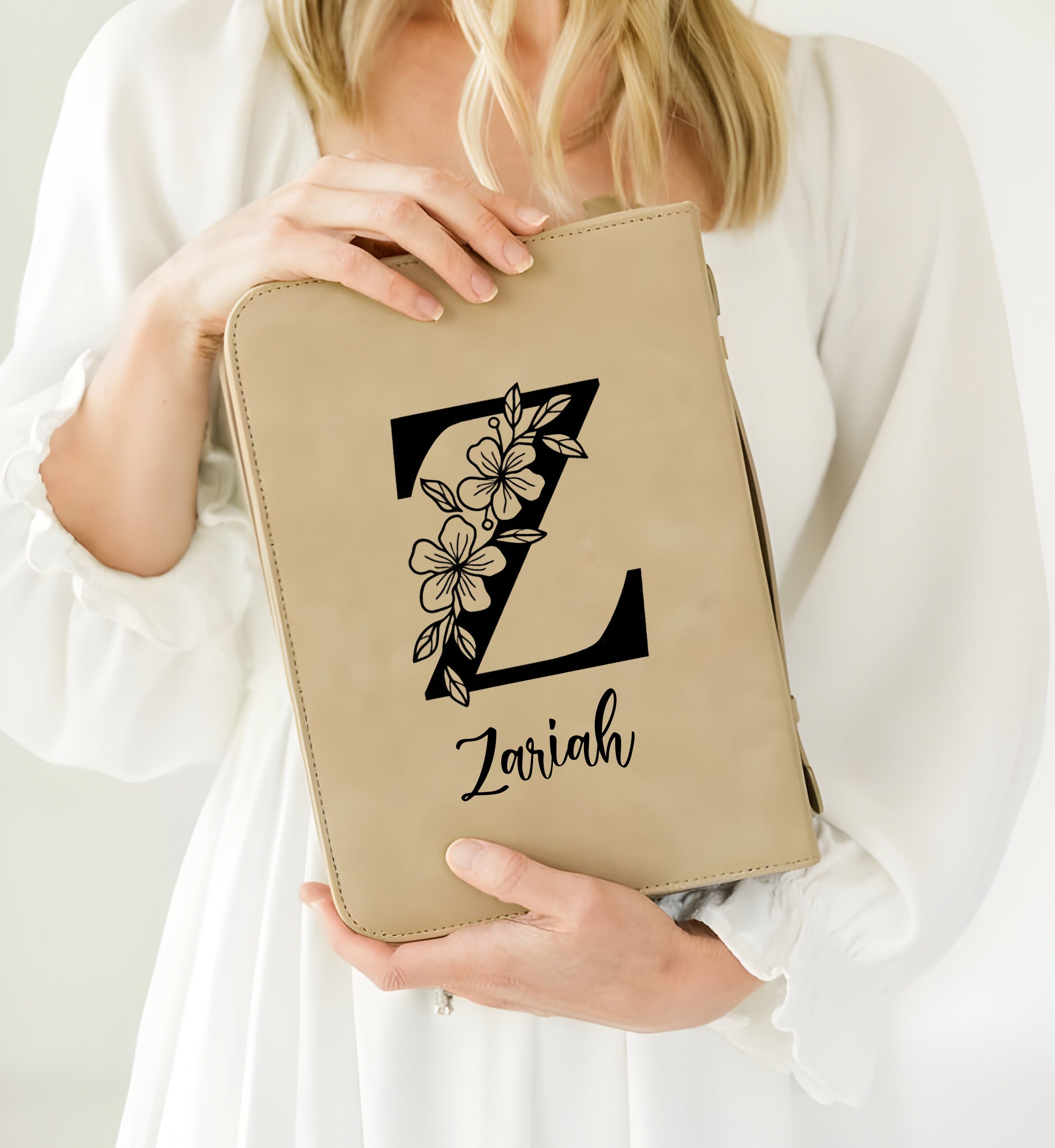 Personalized Bible Cover with Flower Alphabet Initial, Custom Name Leather Scripture Case, Christian Gift for Women, Floral Bible Protector