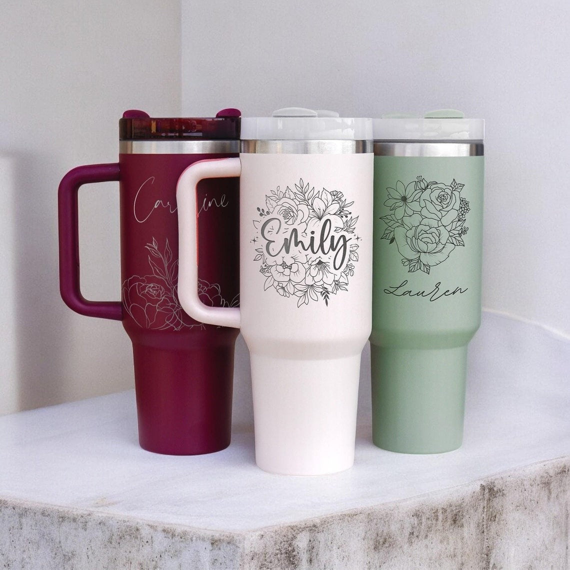 Personalized Flowers With Name Tumbler 40oz, Stainless Steel Tumblers With Straw Handle, Custom Design Tumbler, Birthday Gift