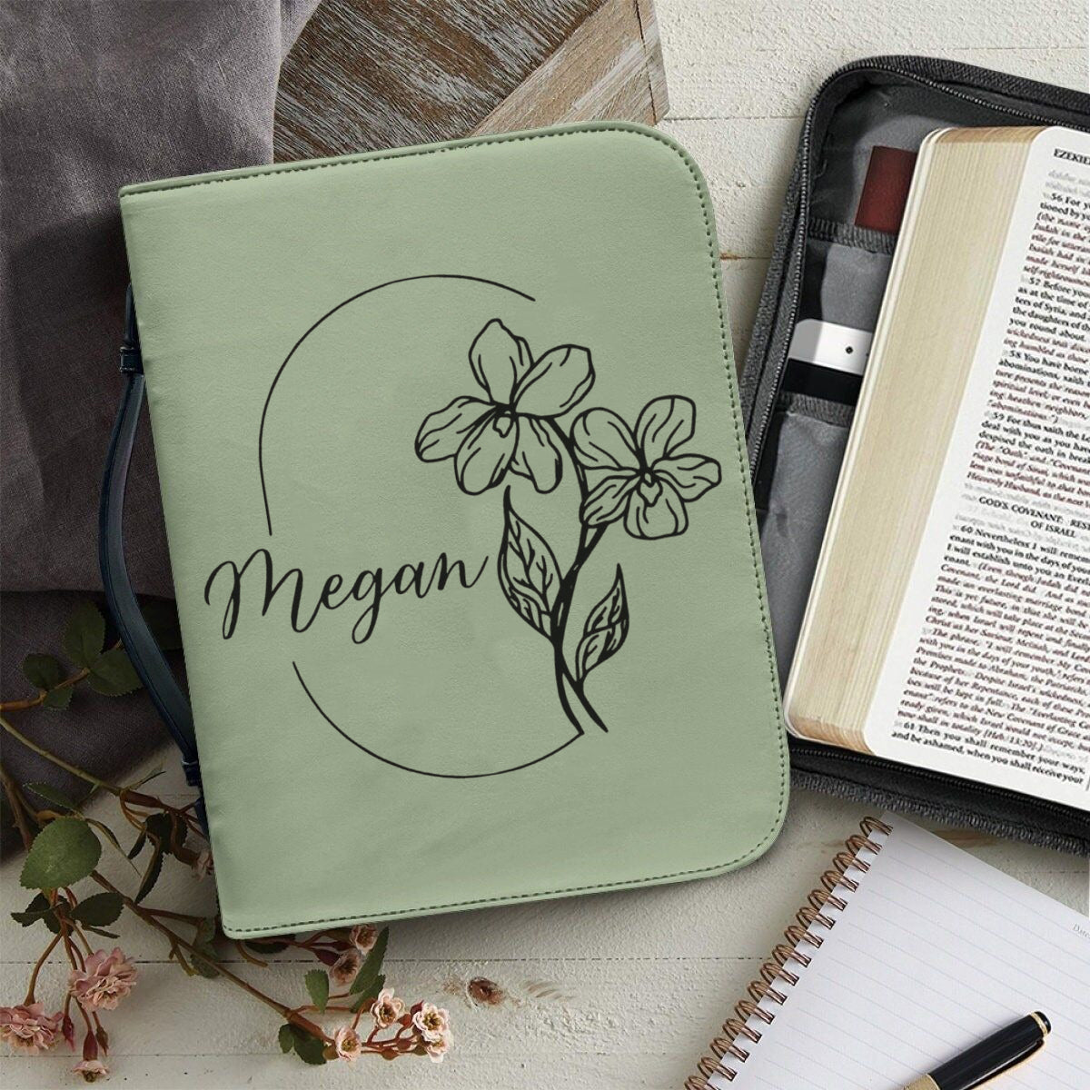 Personalized Bible Cover with Monthly Bloom, Custom Name Birth Flower Scripture Case, Leather Bible Protector, Christian Gift for Women
