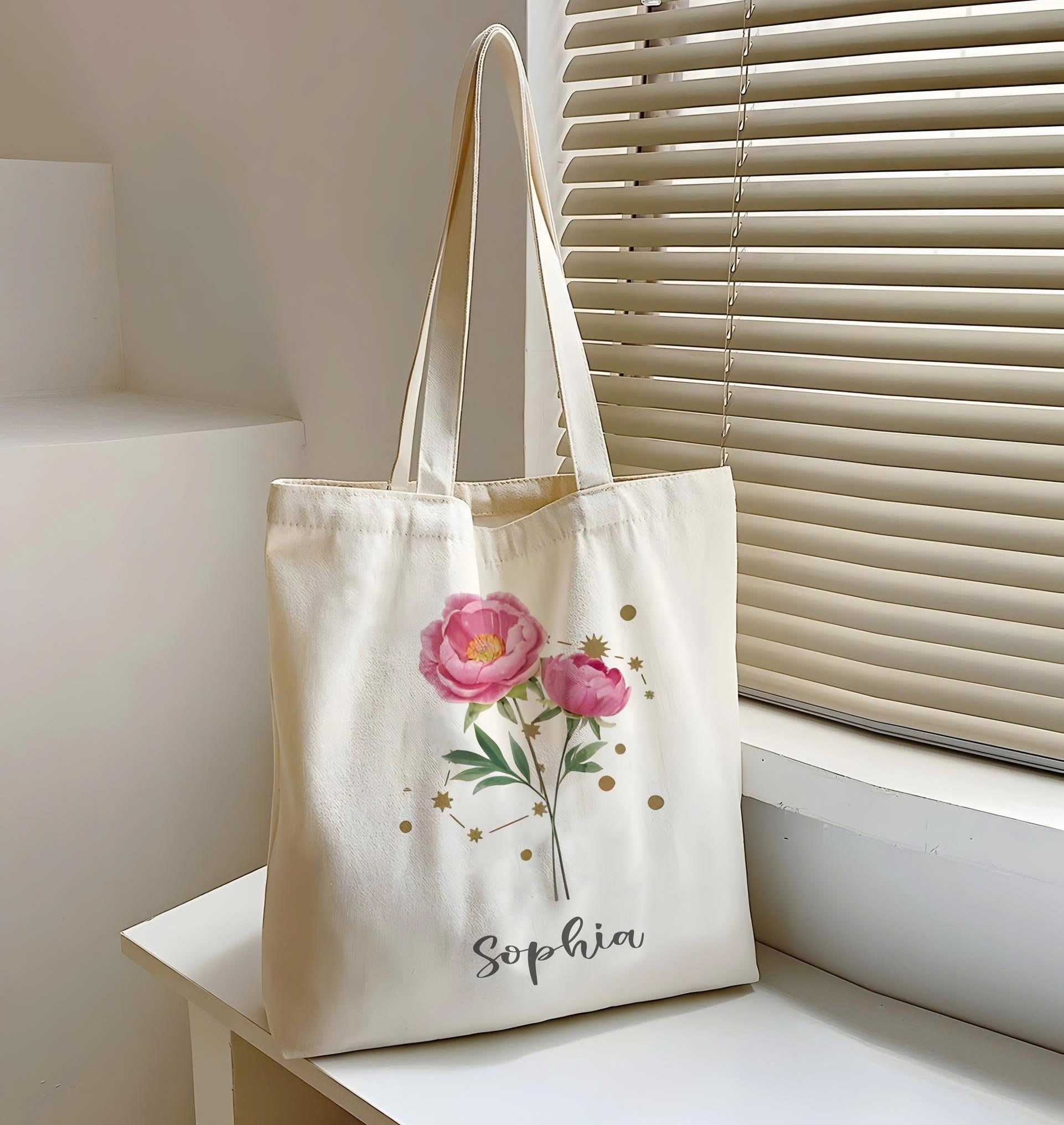 Personalized Birth Flower Zodiac Tote Bag – Custom Name Canvas Bag, Astrology Monthly Bloom Floral Shopper, Birthday Gift, Bridesmaid Gift