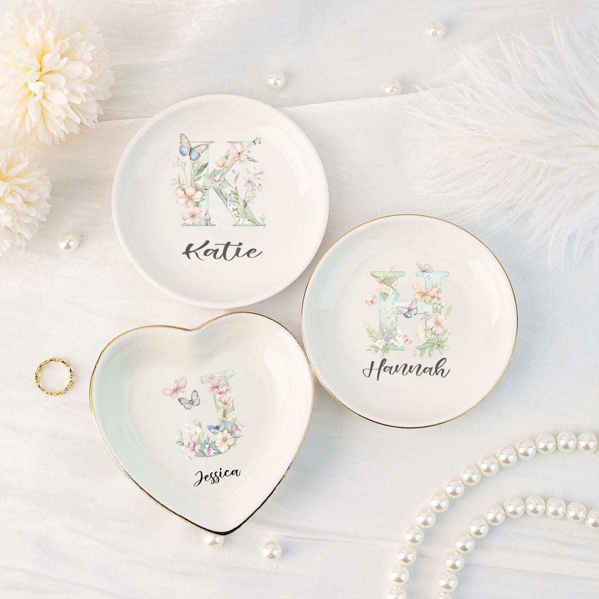 Personalized Ceramic Jewelry Dish, Custom Name Flower Alphabet Ring Dish, Trinket Plate, Bridesmaid Gift, Wedding Gift for Her