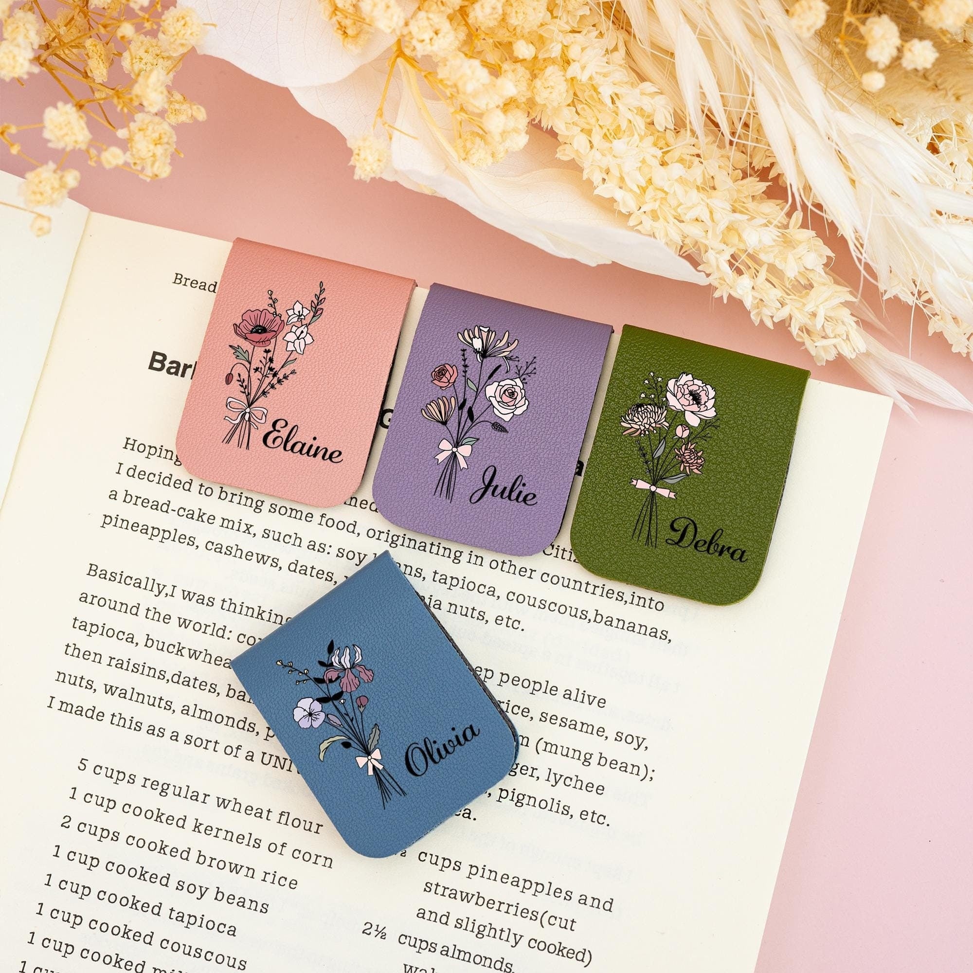 Personalized Leather Magnetic Bookmark with Birth Flower Design, Personalized Bookmark for Her, Name Leather Bookmark, Accessories Gifts for Reader, Reader Lover Gifts