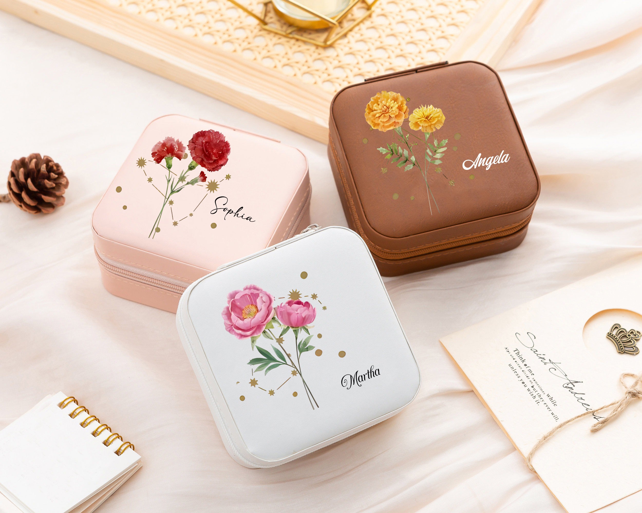 Personalized Leather Jewelry Box, Custom Name & Birth Flower Design, Travel Jewelry Organizer Gift for Women