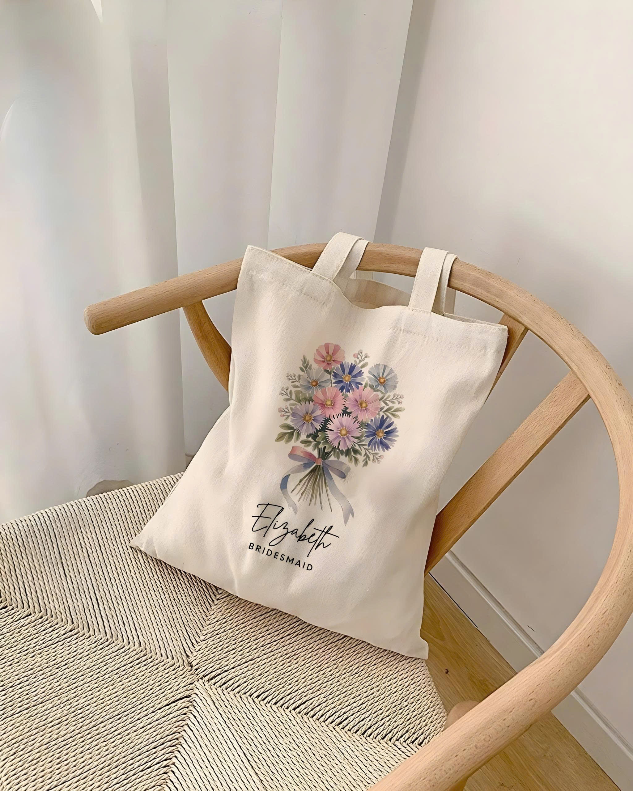 Personalized Birth Flower Tote Bag, Custom Name Canvas Bag, Monthly Bloom Floral Shopper, Birthday Gift, Bridesmaid Gift, Best Friend Gift