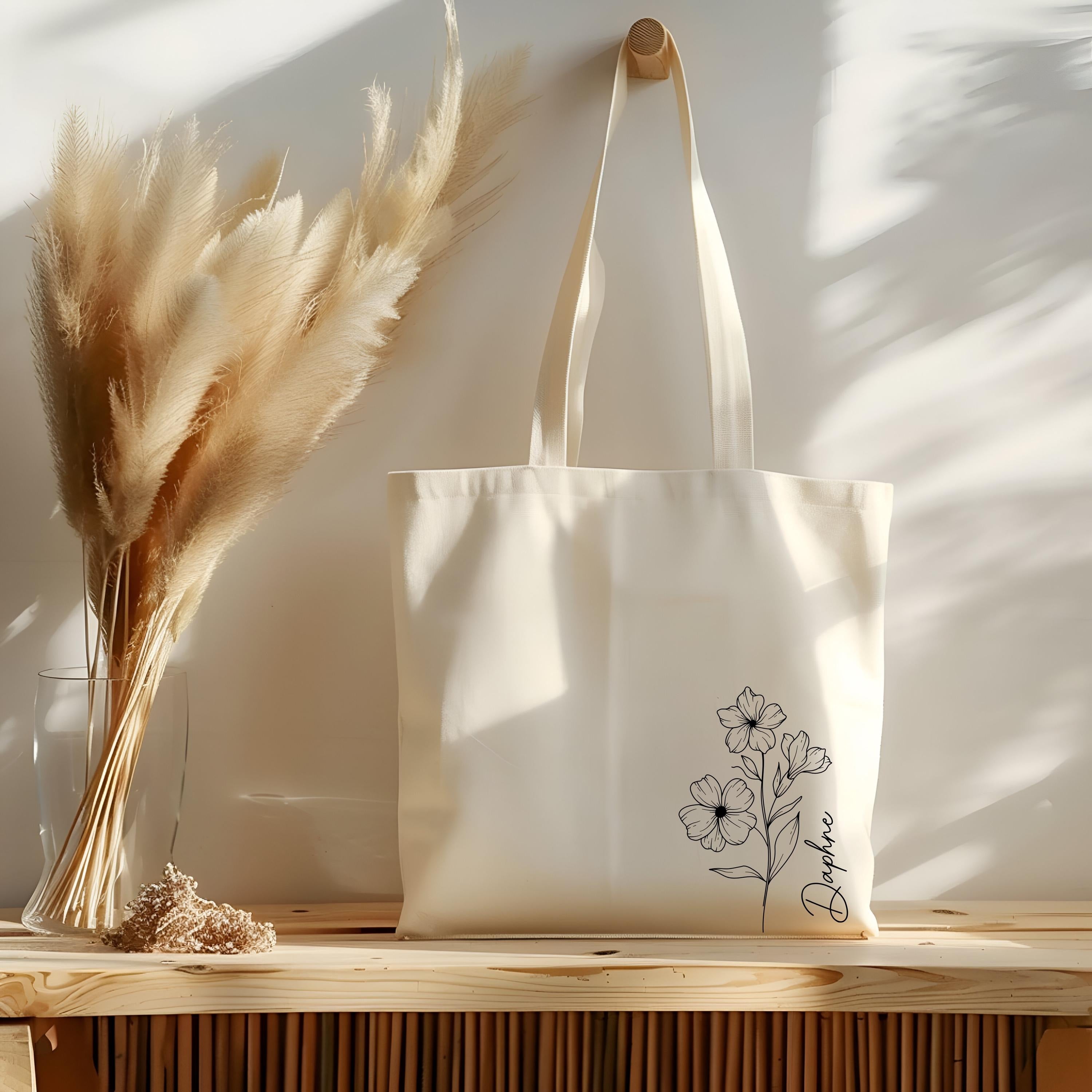 Personalized Birth Flower Tote Bag, Custom Name Canvas Bag, Floral Monthly Flower Shopper, Eco Friendly Gift for Women