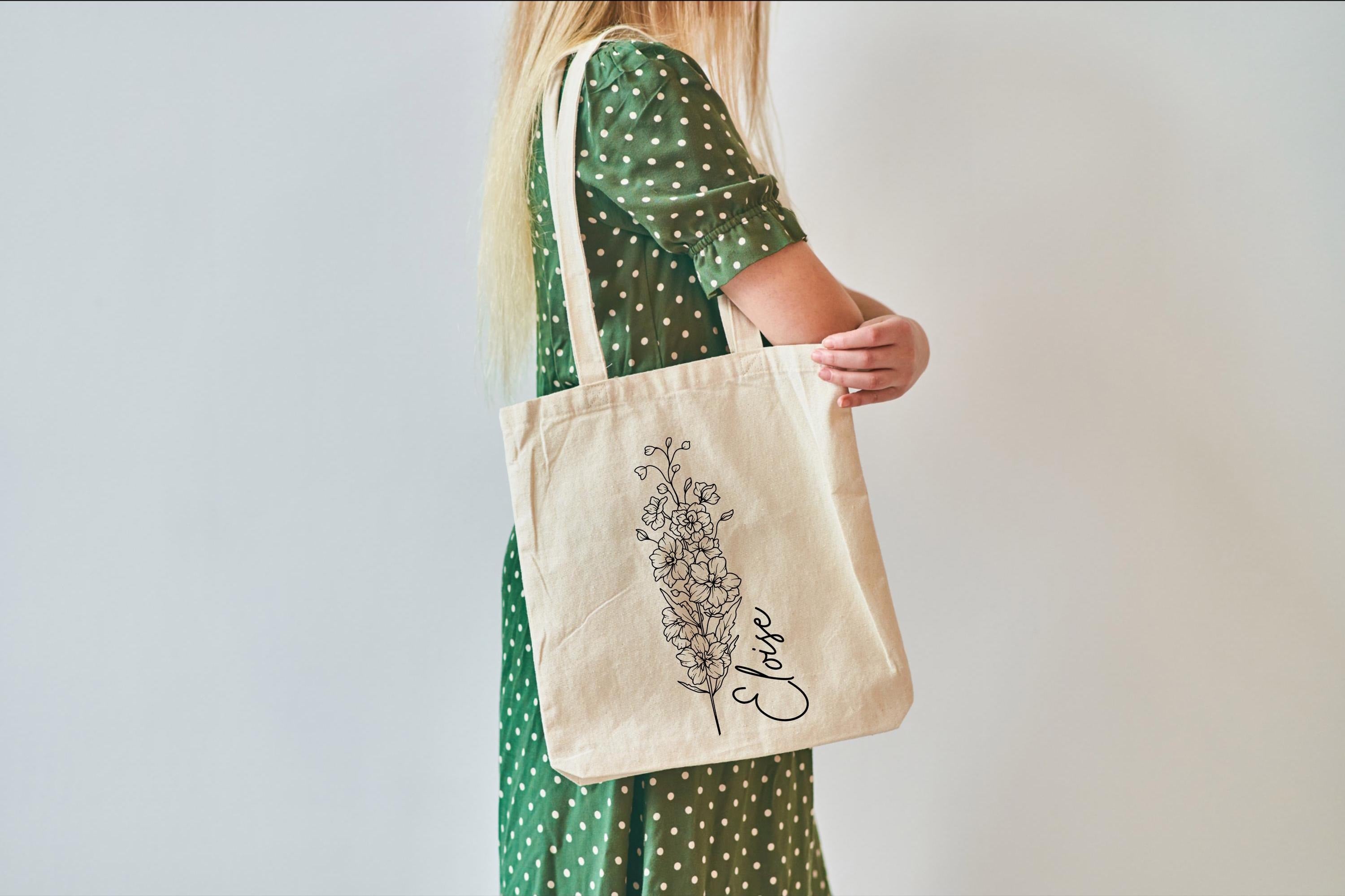 Personalized Birth Flower Tote Bag, Custom Name Canvas Bag, Floral Monthly Flower Shopper, Eco Friendly Gift for Women