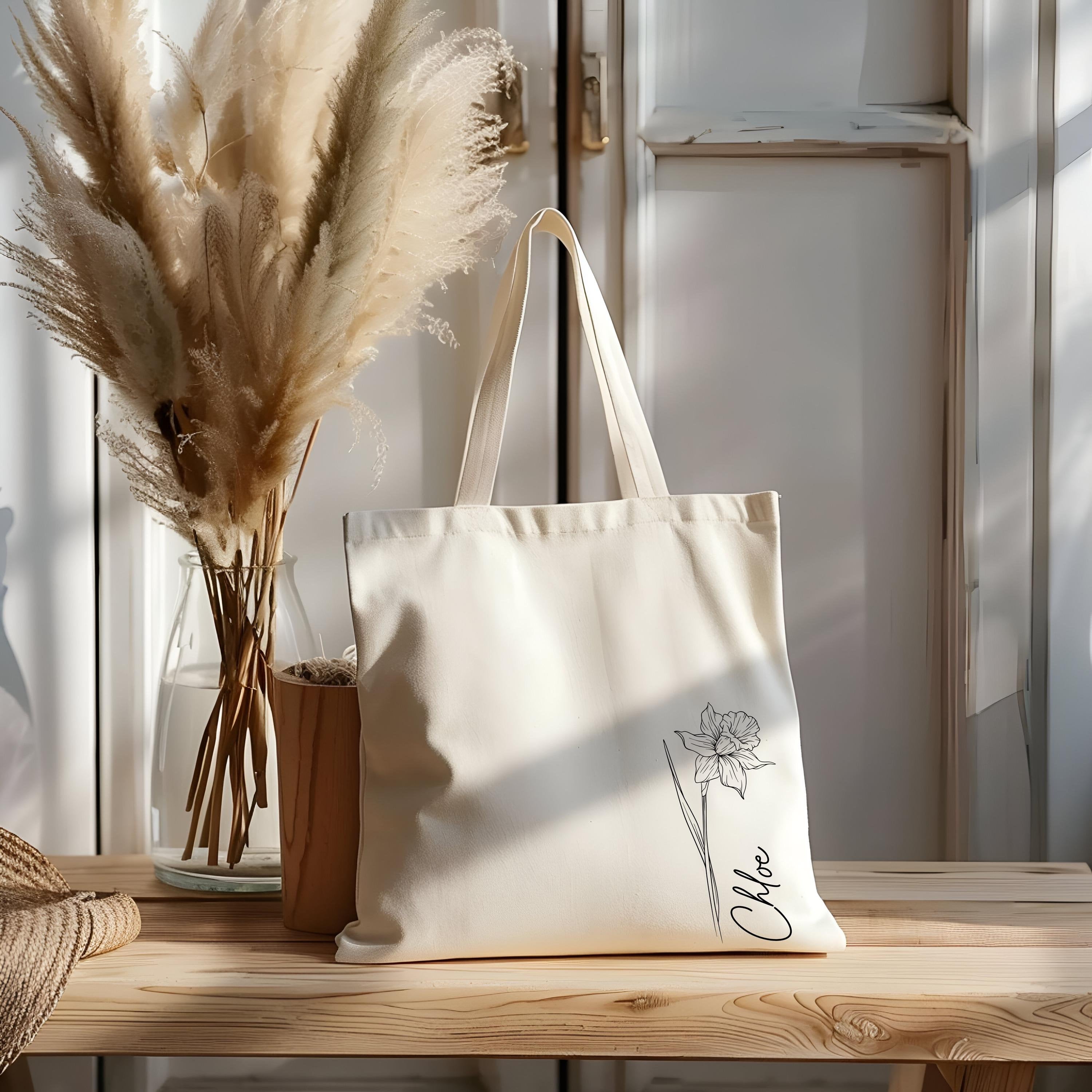Personalized Birth Flower Tote Bag, Custom Name Canvas Bag, Floral Monthly Flower Shopper, Eco Friendly Gift for Women
