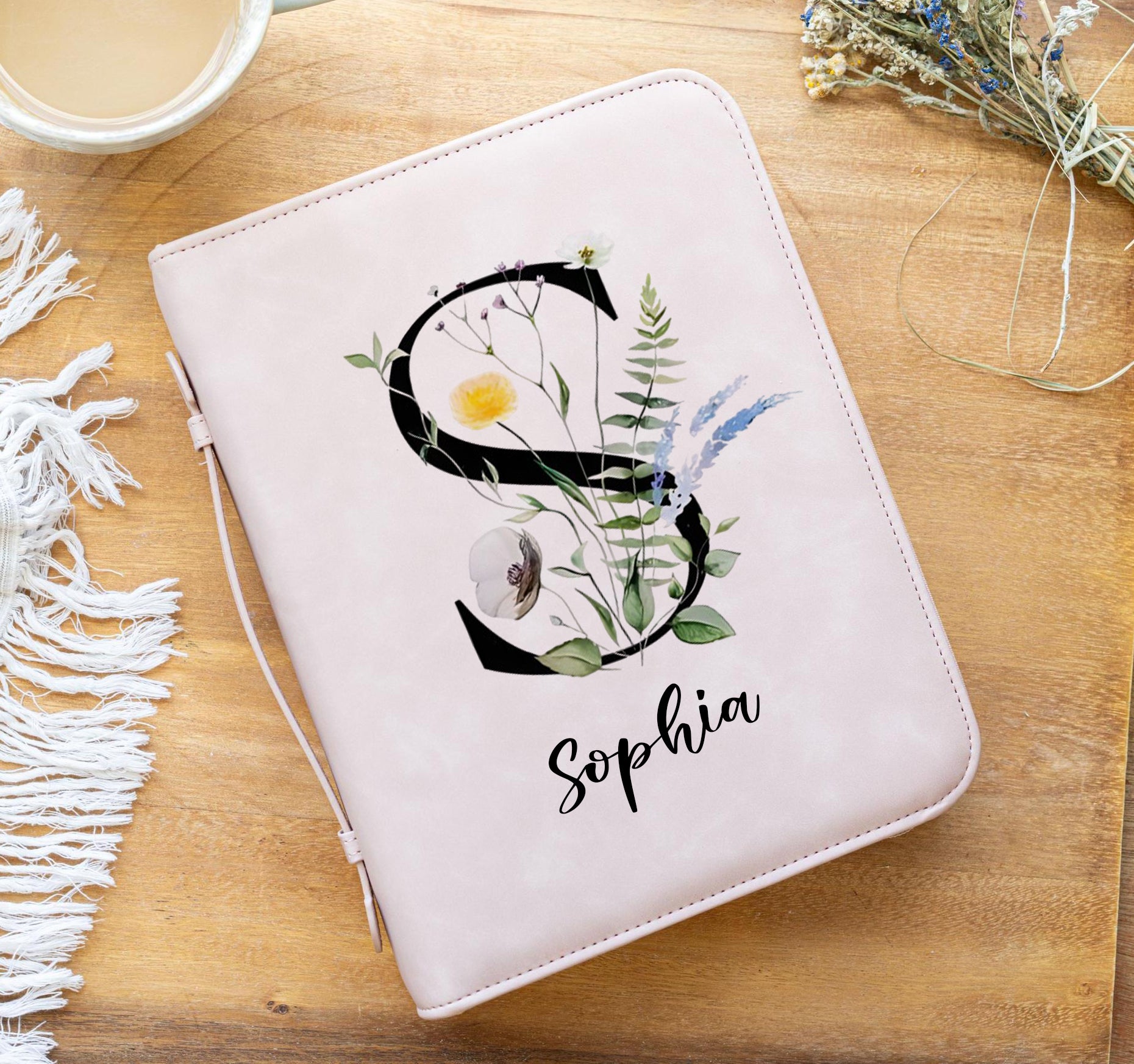 Flower Alphabet Bible Cover, Personalized Initial Leather Case with Name, Christian Gift for Her, Religious Book Protector
