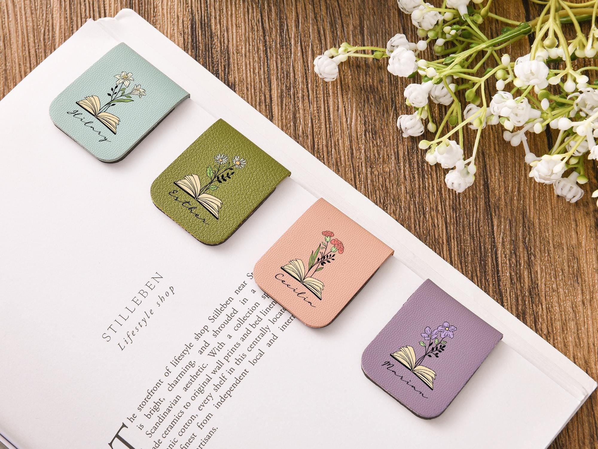 Name Bookmark with Birth Flower, Custom Leather Birth Flower Bookmark, Personalized Magnetic Bookmark, Book Lover Birthday Gift, Book Accessory