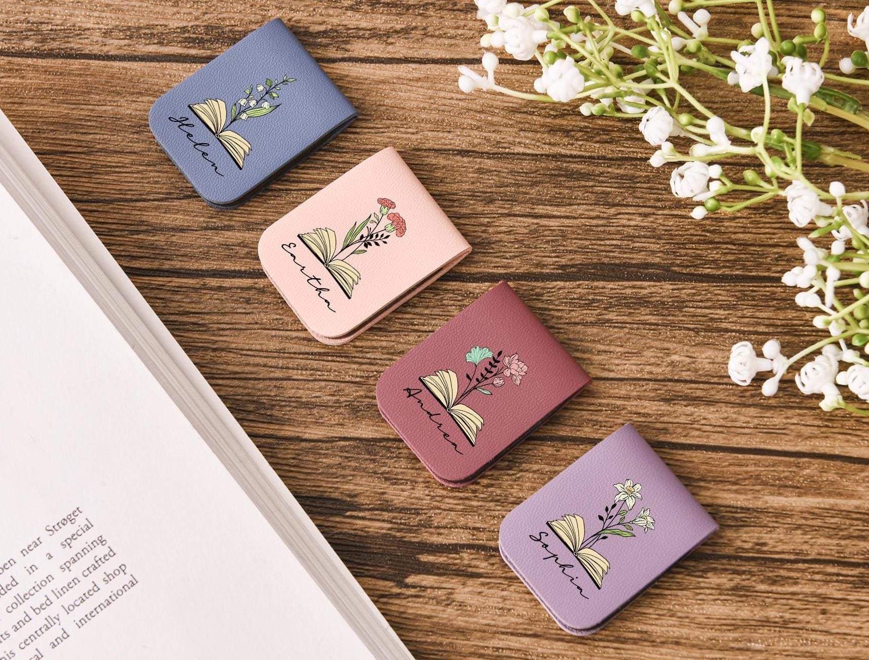 Name Bookmark with Birth Flower, Custom Leather Birth Flower Bookmark, Personalized Magnetic Bookmark, Book Lover Birthday Gift, Book Accessory