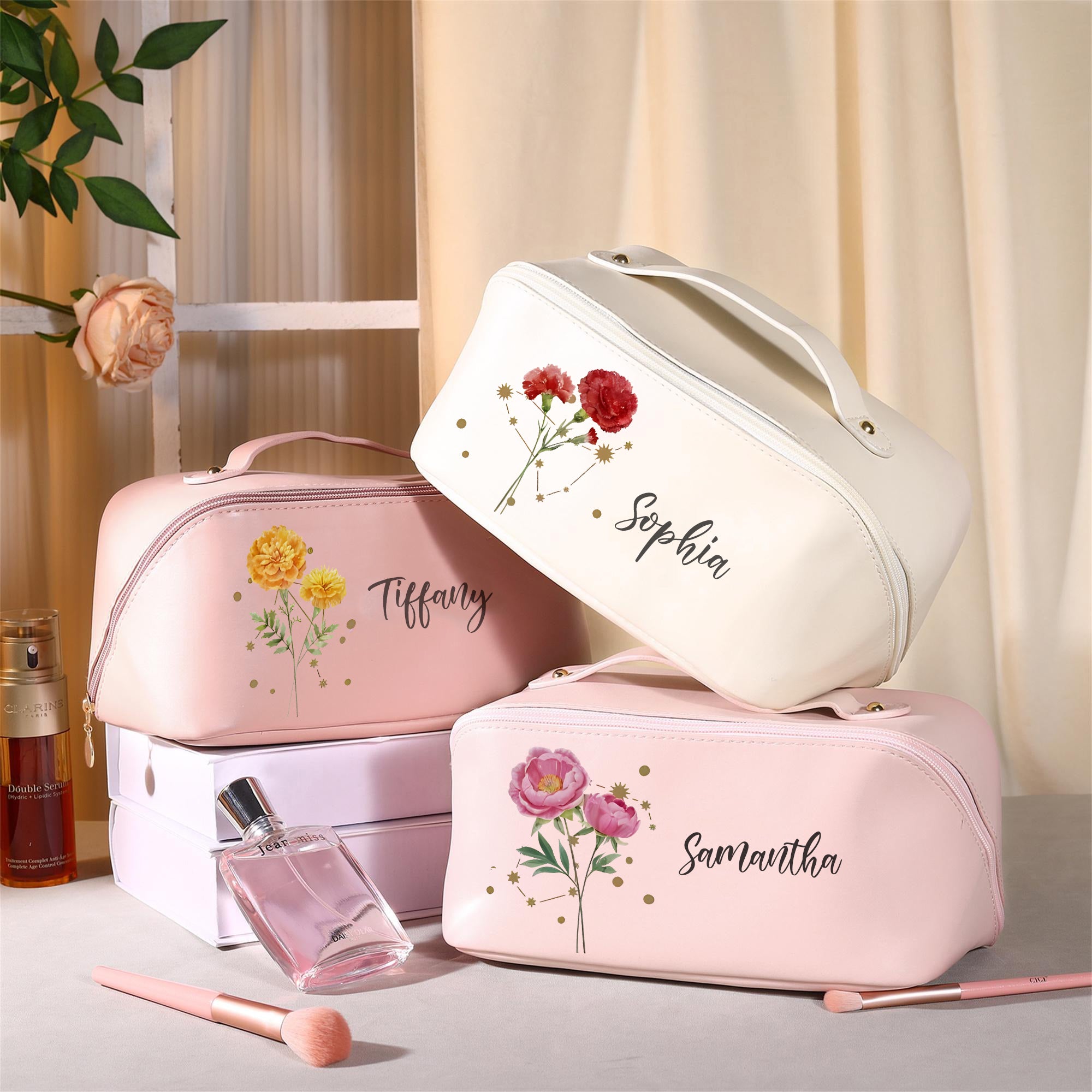 Personalized Leather Makeup Bag with Birth Flower & Zodiac Sign, Custom Name Cosmetic Pouch, Bridesmaid Gift, Travel Toiletry Bag for Women