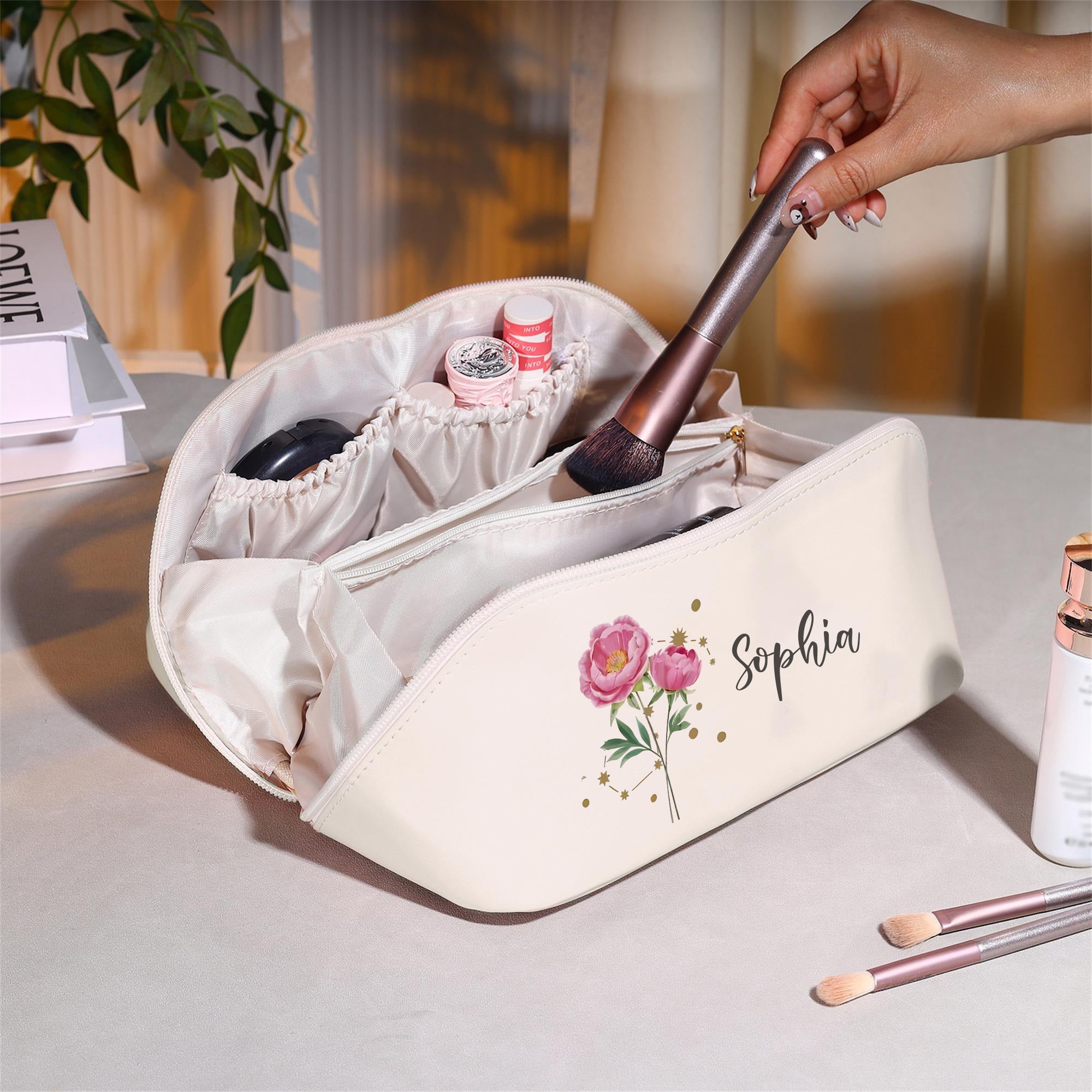 Personalized Leather Makeup Bag with Birth Flower & Zodiac Sign, Custom Name Cosmetic Pouch, Bridesmaid Gift, Travel Toiletry Bag for Women