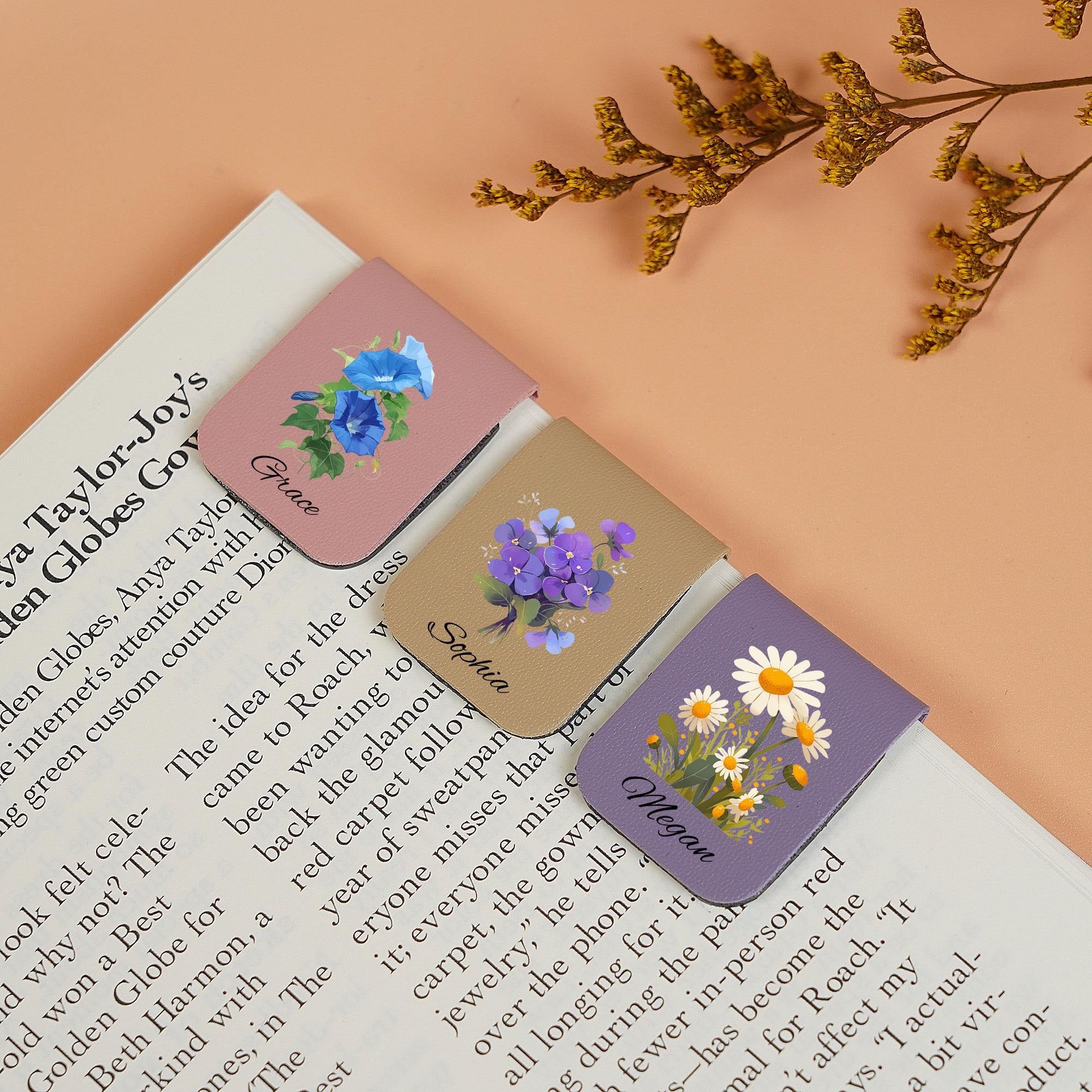 Leather bookmark With Birth Flower, Personalized Leather Magnetic Bookmark, Custom Name Bookmark, Birthday Gift For Book Lovers