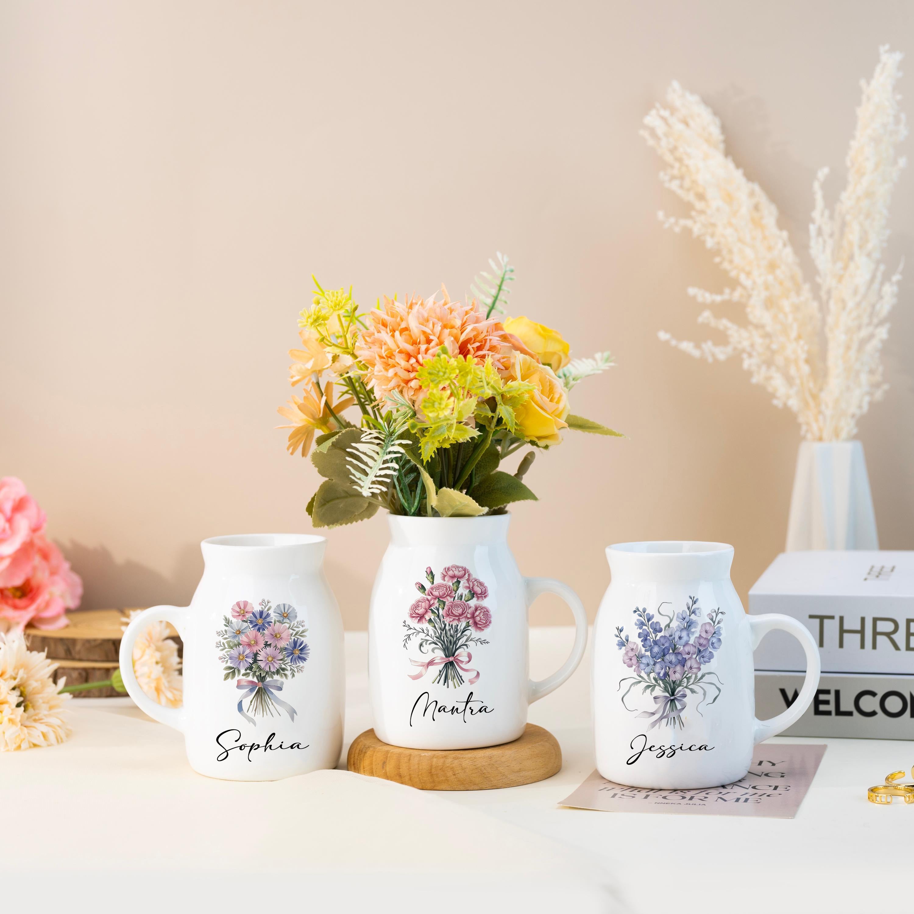 Personalized Birth Flower Ceramic Flower Vase, Custom Name Floral Pottery Vase, Birthday Gift, Bridesmaid Keepsake for Her