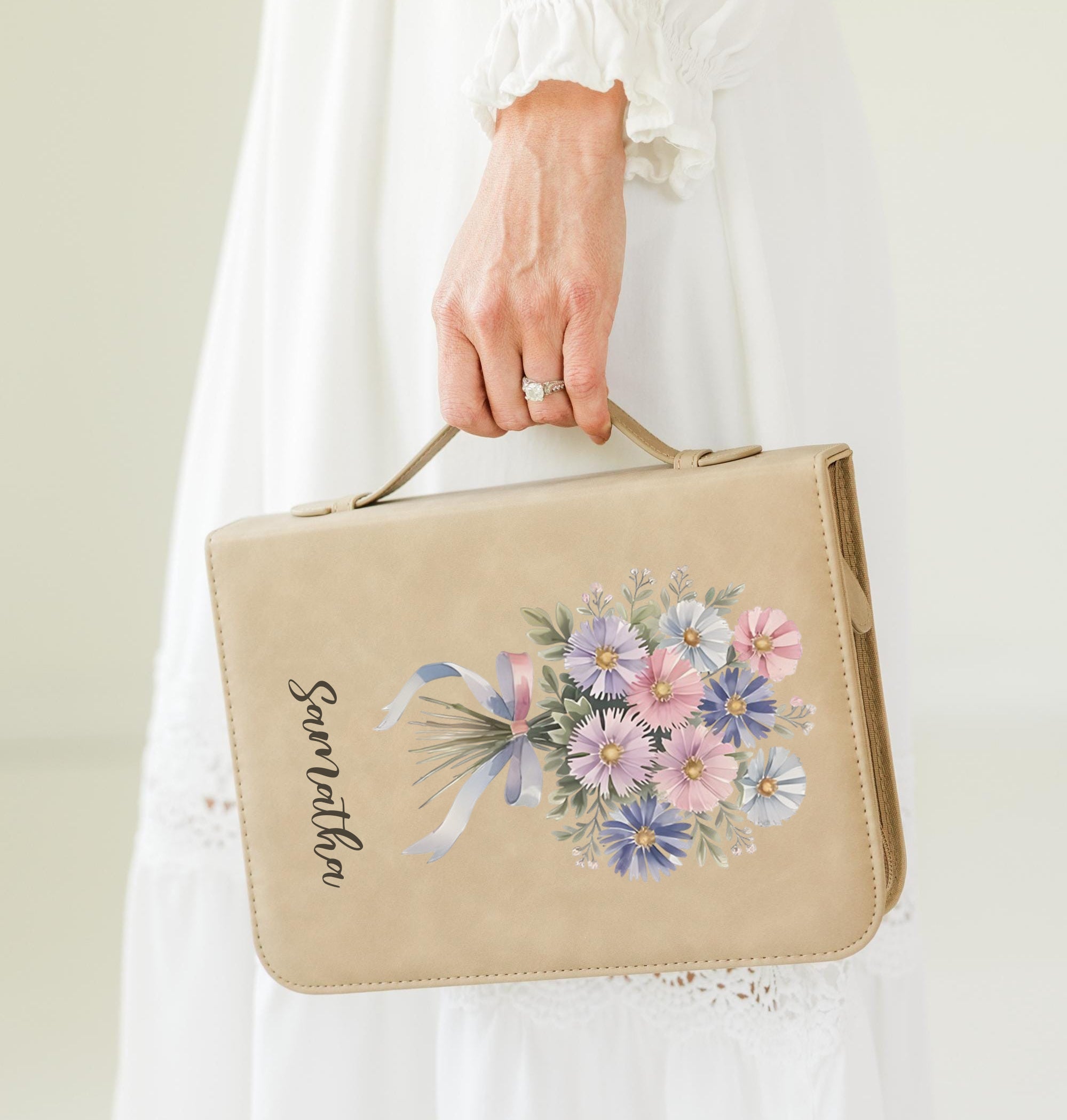 Personalized Bible Cover with Birth Flower, Custom Name Leather Scripture Case, Christian Gift for Women, Floral Bible Protector