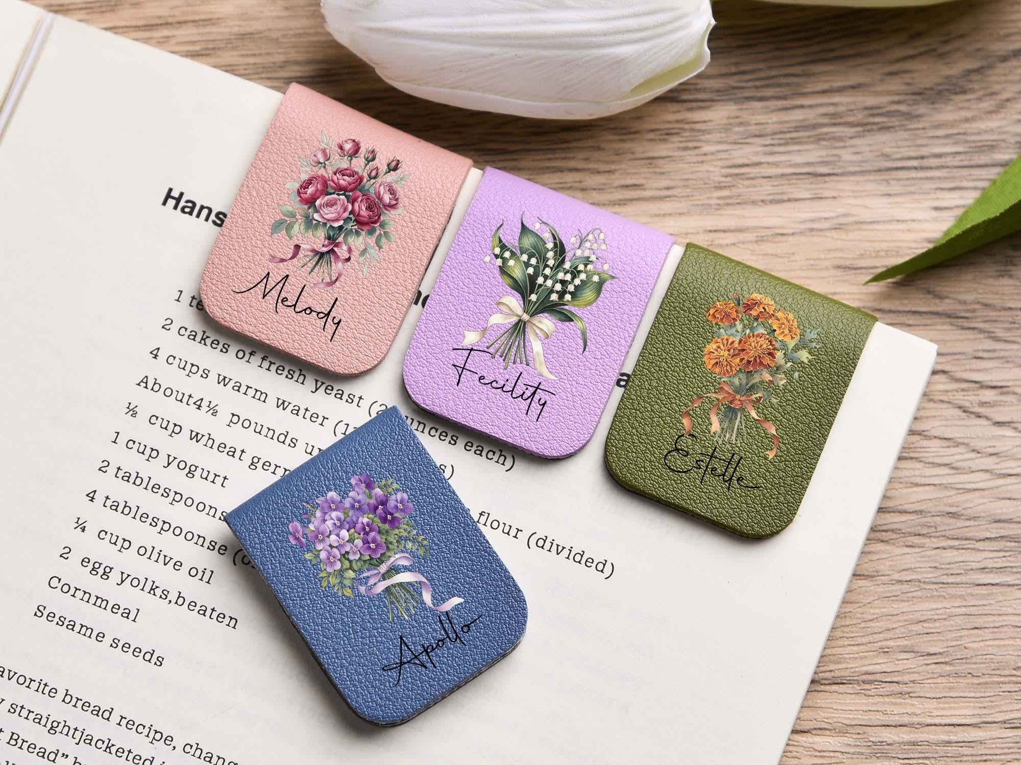 Personalized Leather Bookmarks – Birth Flower Collection, Custom Name Floral Bookmark, Handcrafted Leather Bookmark Gift for Book Lovers