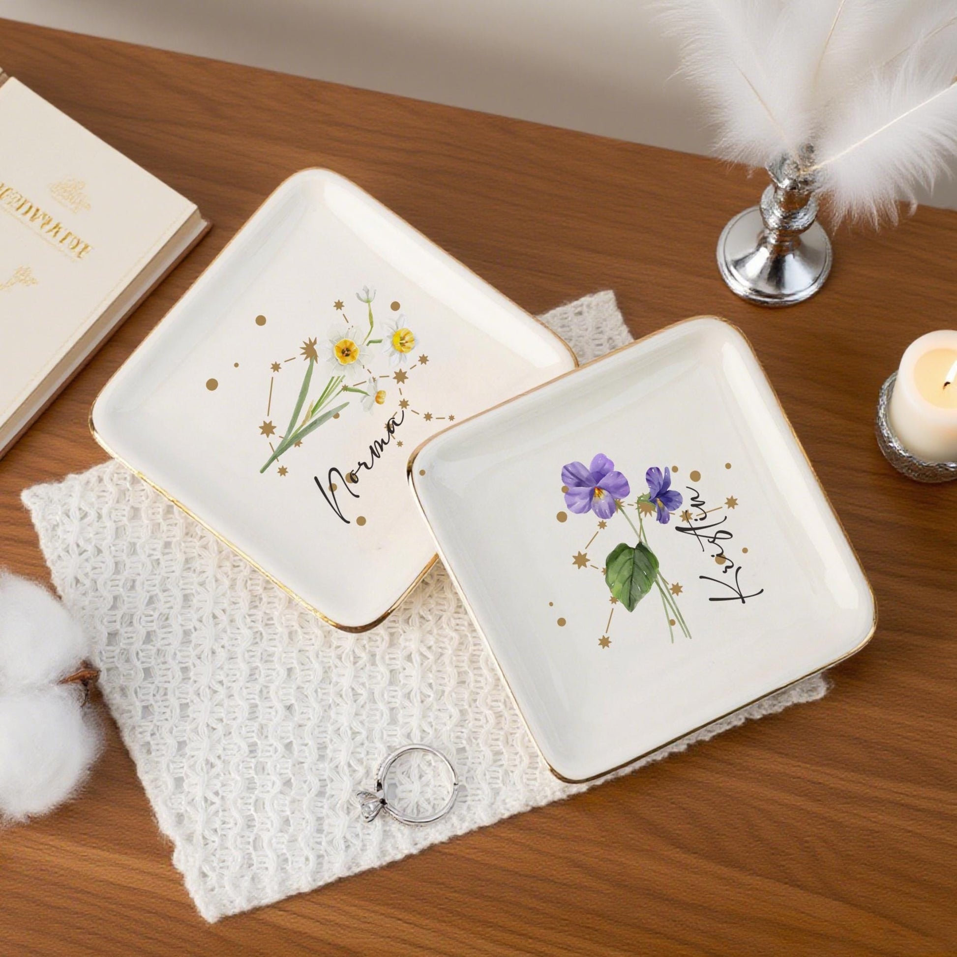 Personalized Birth Flower Ring Dish, Zodiac and Flower with Constellation Trinket Dish, Constellation Jewelry Dish, Birth Flower Trinket Dish