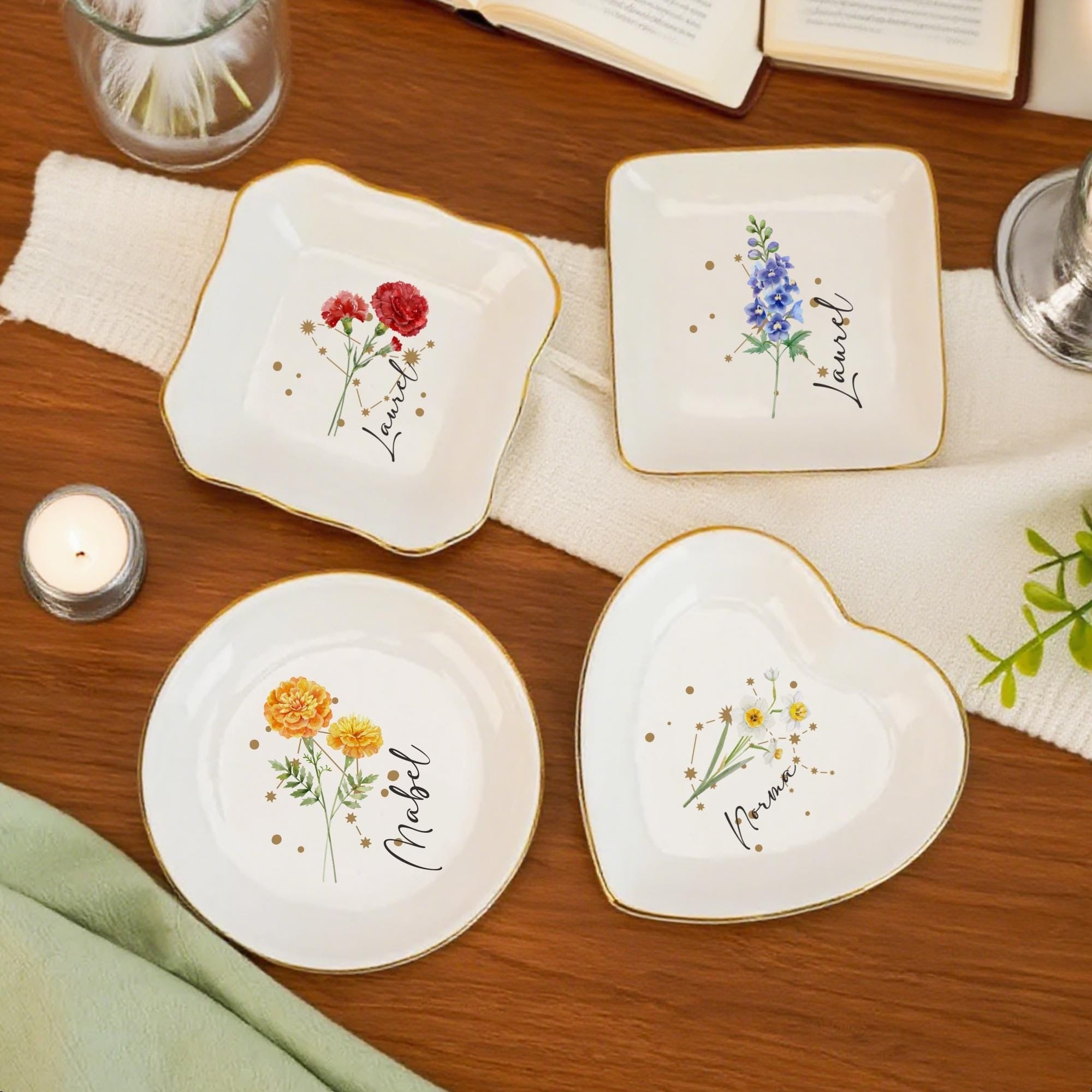 Personalized Birth Flower Ring Dish, Zodiac and Flower with Constellation Trinket Dish, Constellation Jewelry Dish, Birth Flower Trinket Dish