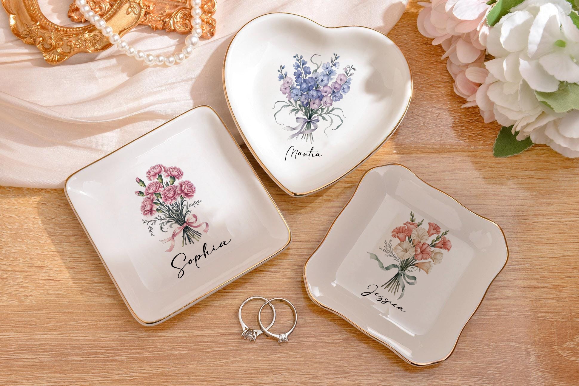 Personalized Birth Flower Jewelry Dish, Custom Name Trinket Tray, Monthly Bloom Ring Dish, Bridesmaid Gift, Birthday Keepsake for Her