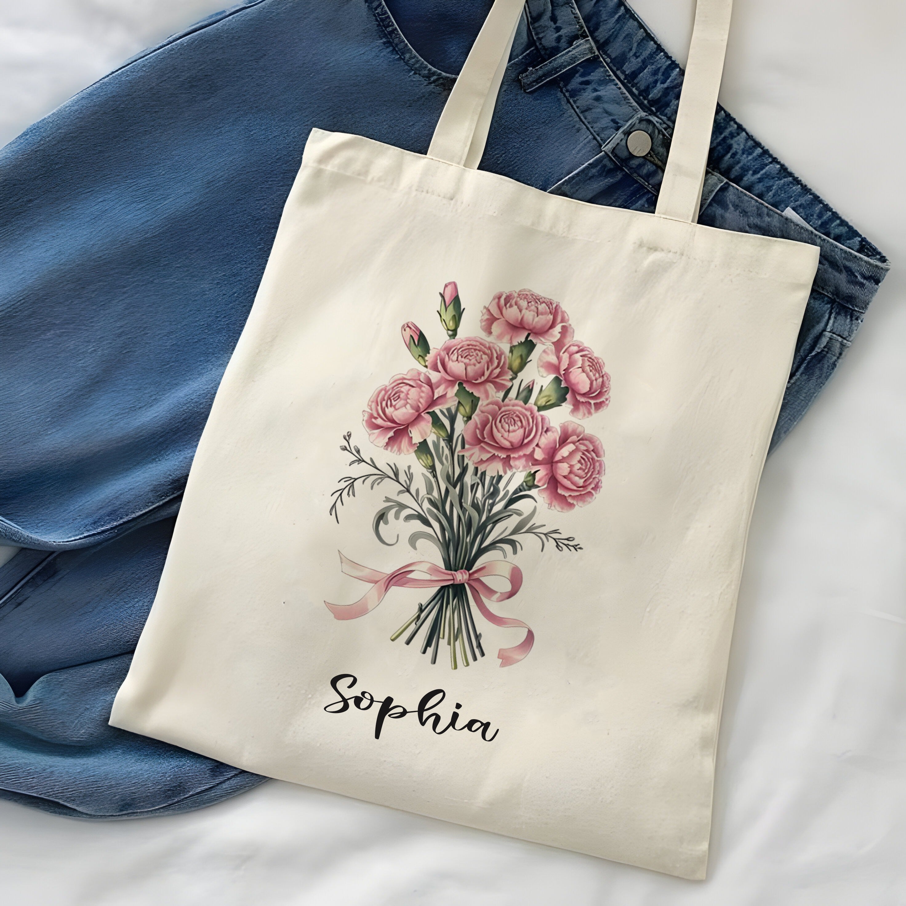 Personalized Birth Flower Tote Bag, Custom Name Canvas Bag, Monthly Bloom Floral Shopper, Birthday Gift, Bridesmaid Gift, Best Friend Gift