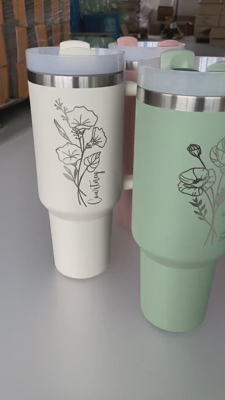 Personalized Birth Flowers 40oz Tumbler With Name, Stainless Steel Tumblers With Straw Handle, Custom Birth Month Flowers Cup, Birthday Gift