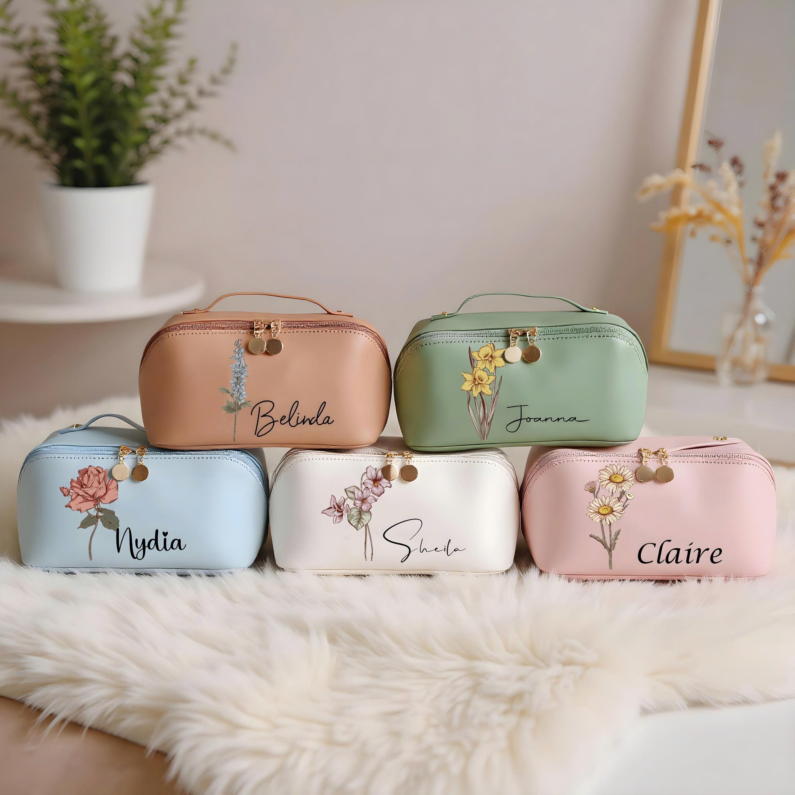 Personalized Leather Makeup Bag with Birth Flower and Name, Custom Cosmetic Bag, Bridesmaid Gift, Travel Toiletry Pouch for Women