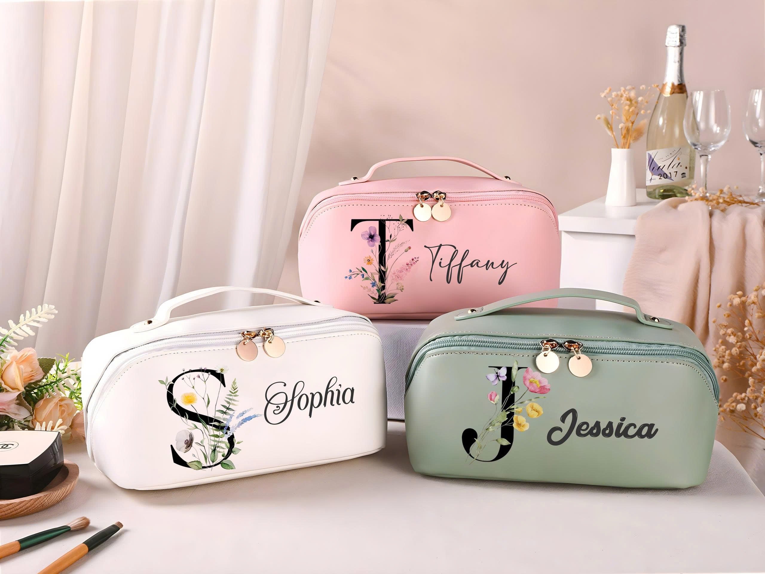 Personalized Leather Makeup Bag, Custom Name Flower Cosmetic Bag, Bridesmaid Gift, Travel Toiletry Pouch, Monogram Initial Makeup Organizer