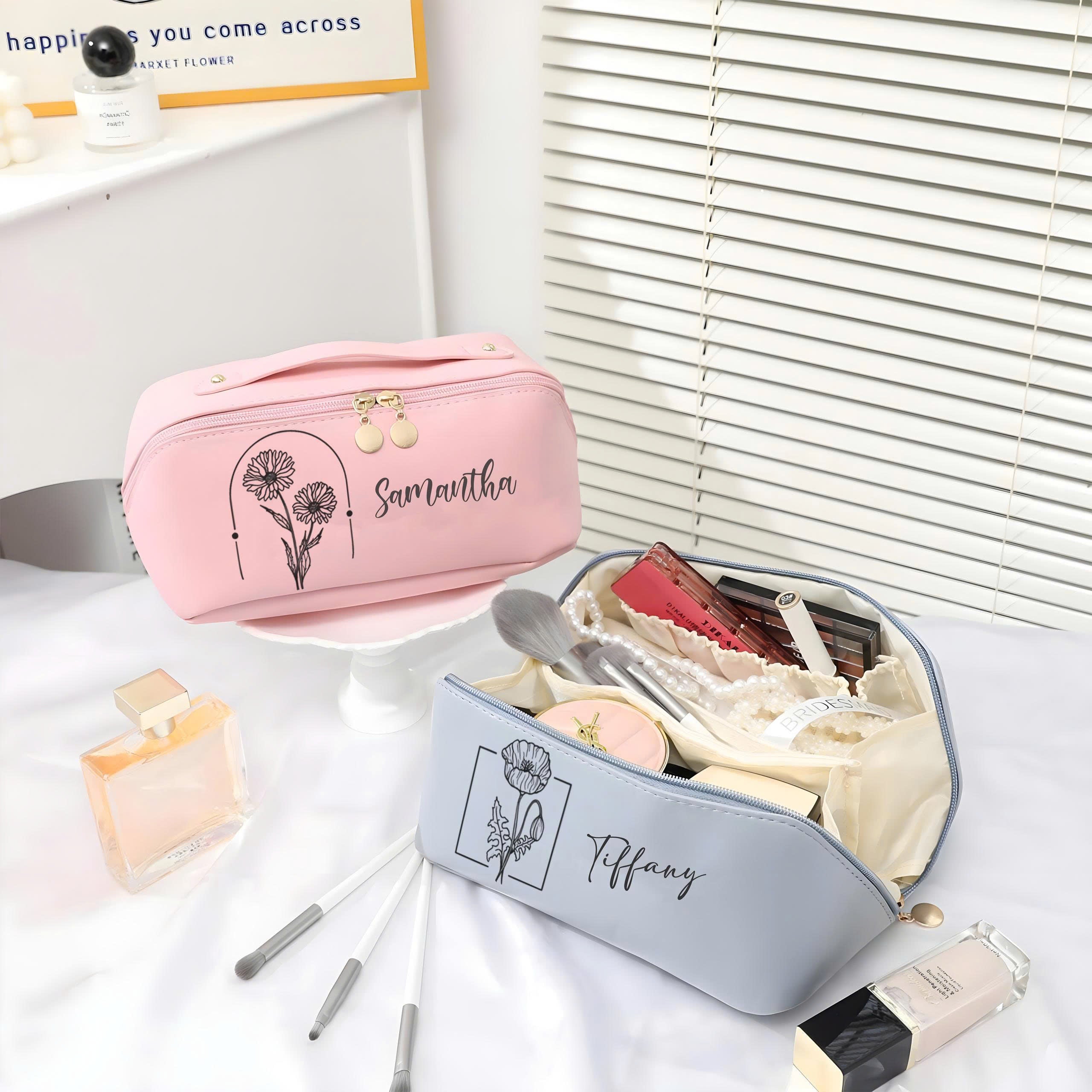 Personalized Leather Makeup Bag, Monthly Bloom Birth Flower Cosmetic Bag, Custom Name Toiletry Pouch, Bridesmaid Gift, Travel Organizer