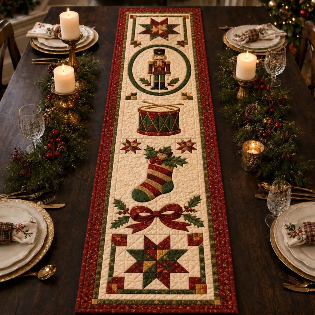 Funny Christmas Quilted Table Runner, Traditional Red Green Holiday Table Decor, Holiday Winter Dining Table Decor, Festive Farmhouse Xmas Decor	QTPPETAL28