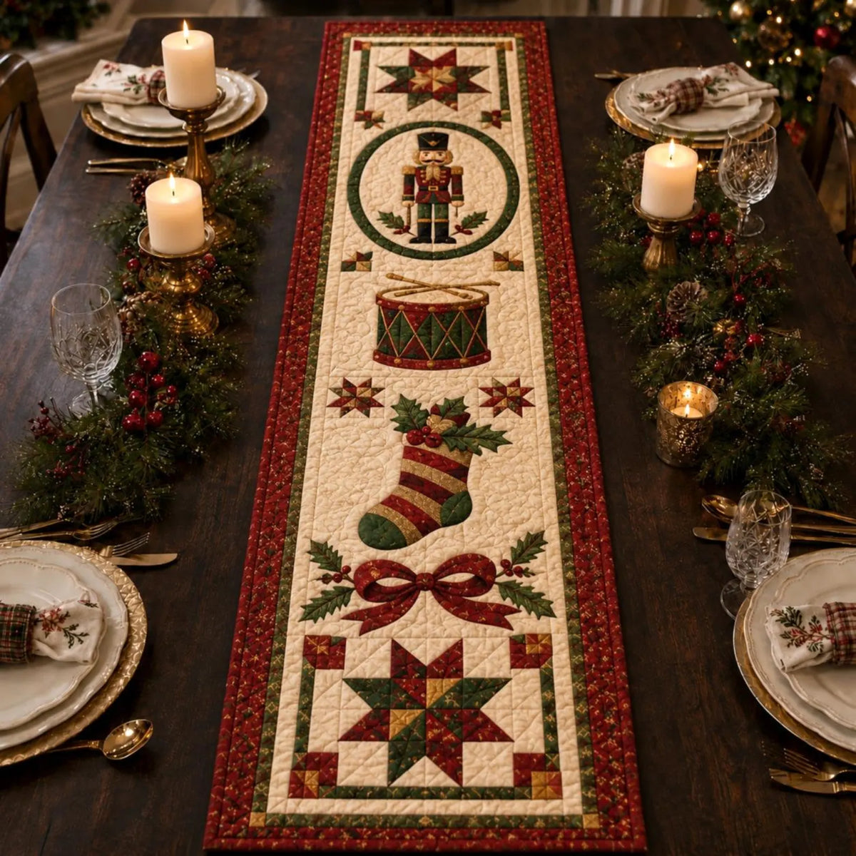 Funny Christmas Quilted Table Runner, Traditional Red Green Holiday Table Decor, Holiday Winter Dining Table Decor, Festive Farmhouse Xmas Decor	QTPPETAL28