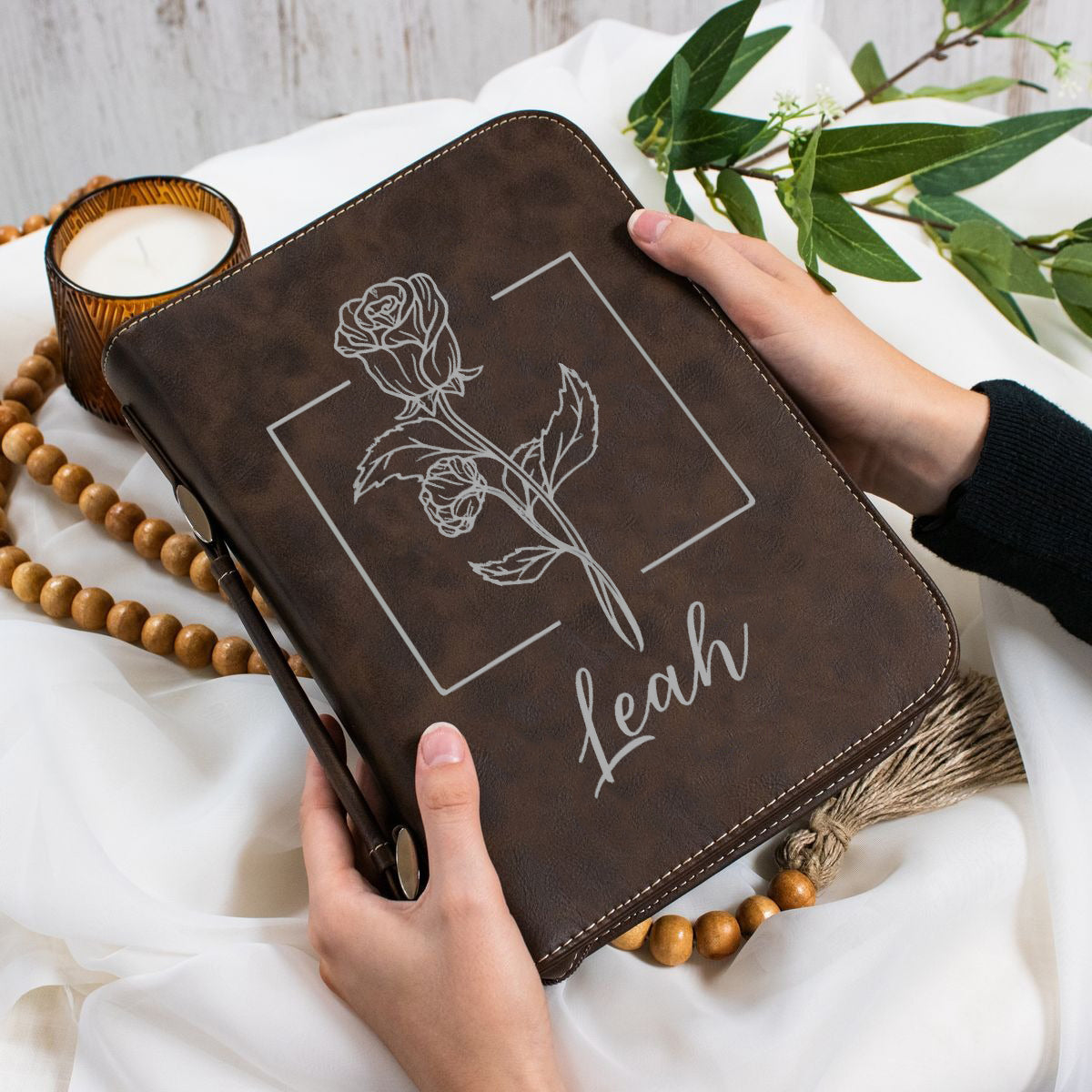 Personalized Bible Cover with Monthly Bloom, Custom Name Birth Flower Scripture Case, Leather Bible Protector, Christian Gift for Women