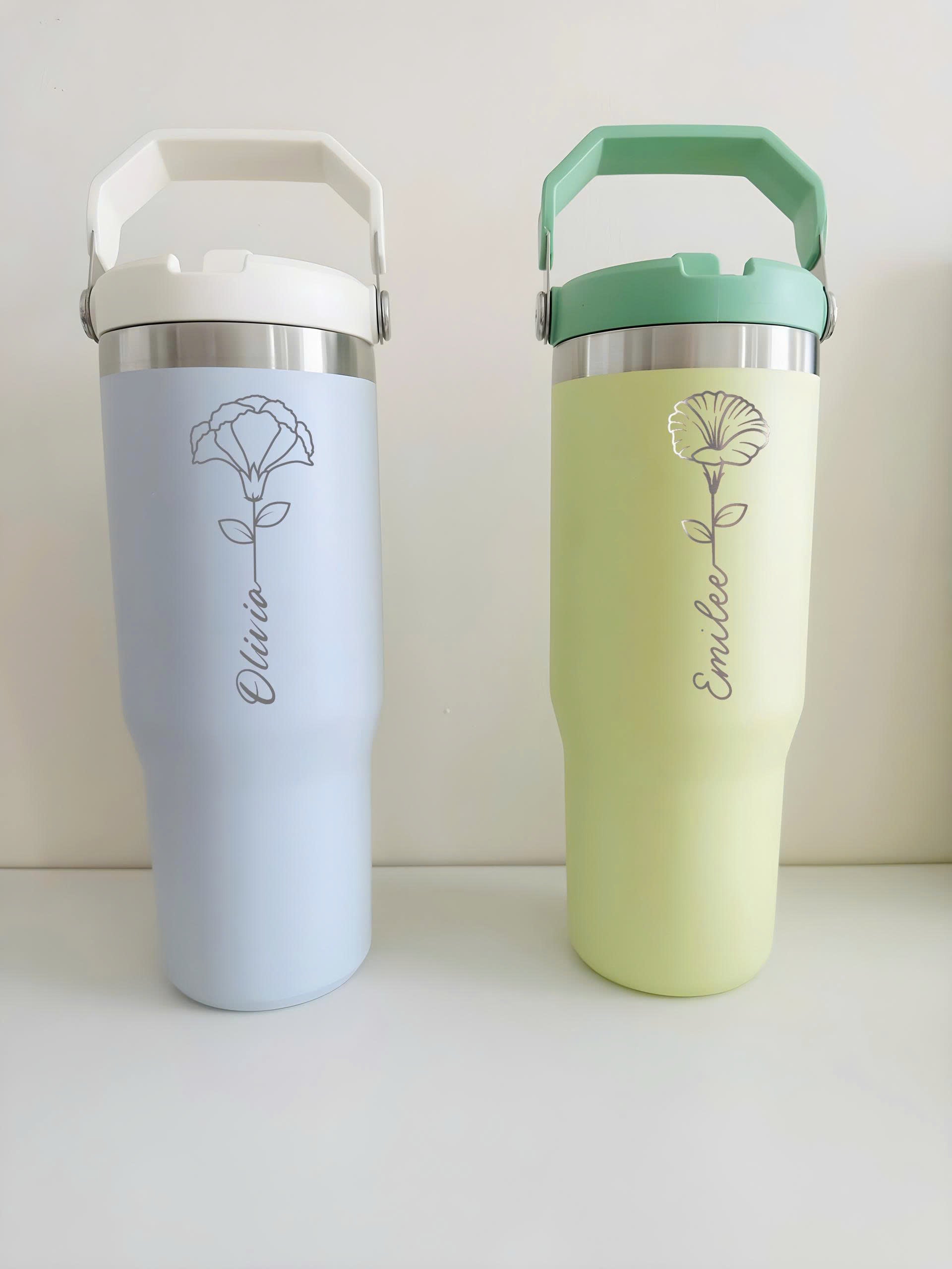 Personalized Birth Flower Flip Straw Tumbler with Handle, Custom Name 40oz Cup, Monthly Bloom Floral Engraved Mug, Birthday Gift for Her