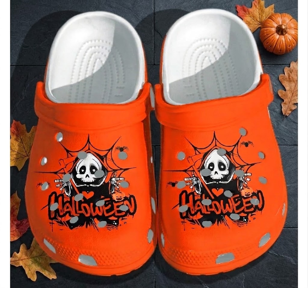 Halloween Orange Skull Clogs – Spooky Spider Web Fall Shoes. Happy Halloween Ghost Pumpkin. CLPETAL05