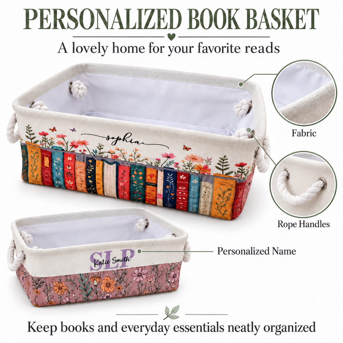 Personalized Book Lover Storage Basket, Custom Reading Corner Basket, Cozy Pets Bookish Caddy, Reader Desk Organizer, Bookworm Gift For Her BBPETAL13