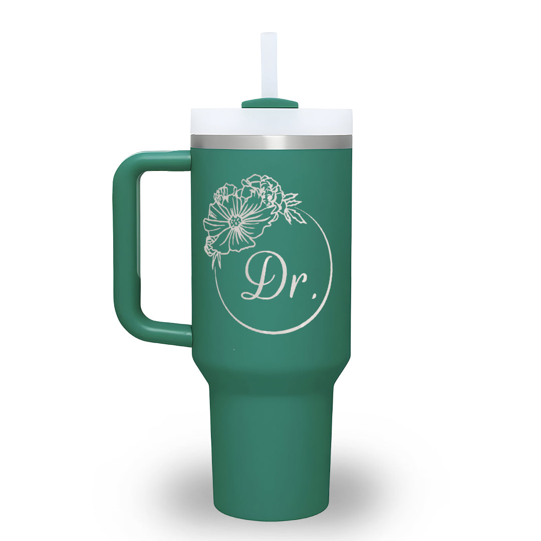 Personalized 40oz Tumbler with Handle, Birth Flower Tumbler with Straw, Custom Name or Title Cup, Monthly Bloom Insulated Mug, Doctor Gift, Birthday Gift, Graduation Gift, Mother’s Day Gift