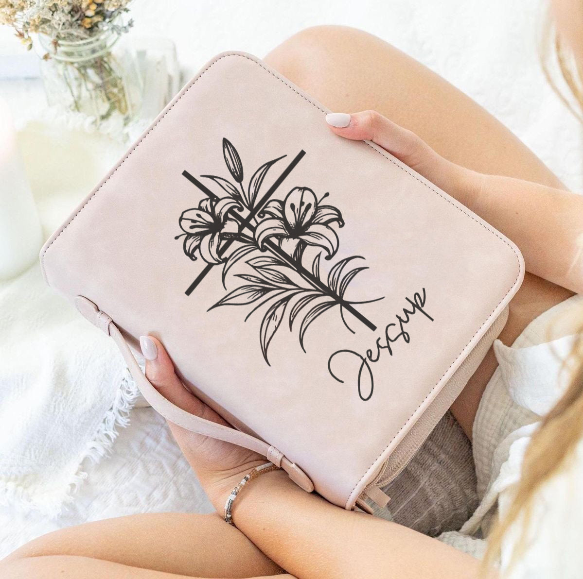 Personalized Bible Cover with Flowers and Custom Name, Floral Leather Scripture Case, Christian Gift for Women, Custom Bible Protector