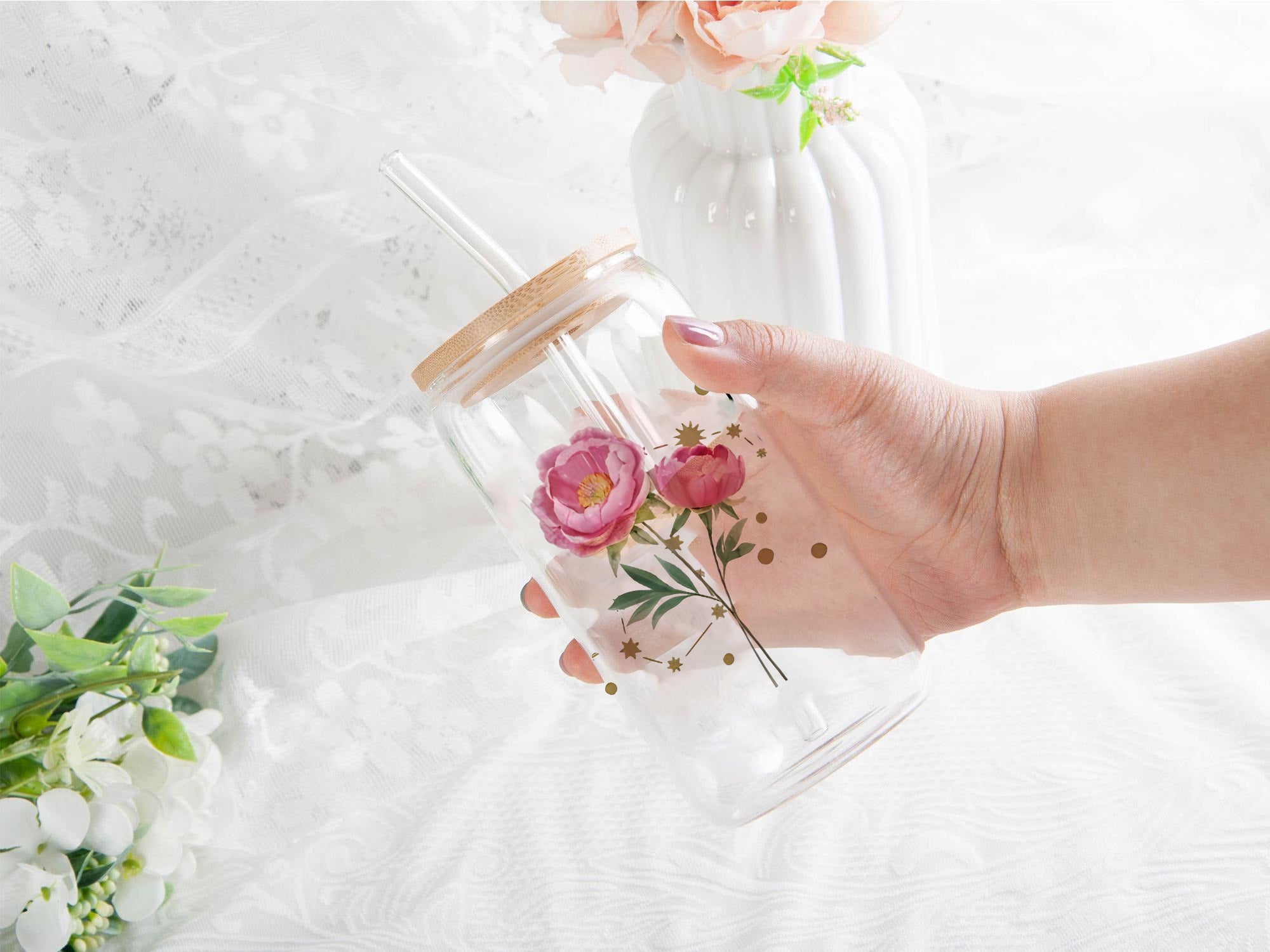 Personalized Birth Flower and Zodiac Sign Glass Cup with Bamboo Lid and Straw, Custom Name Iced Coffee Tumbler, Astrology Floral Gift for Her