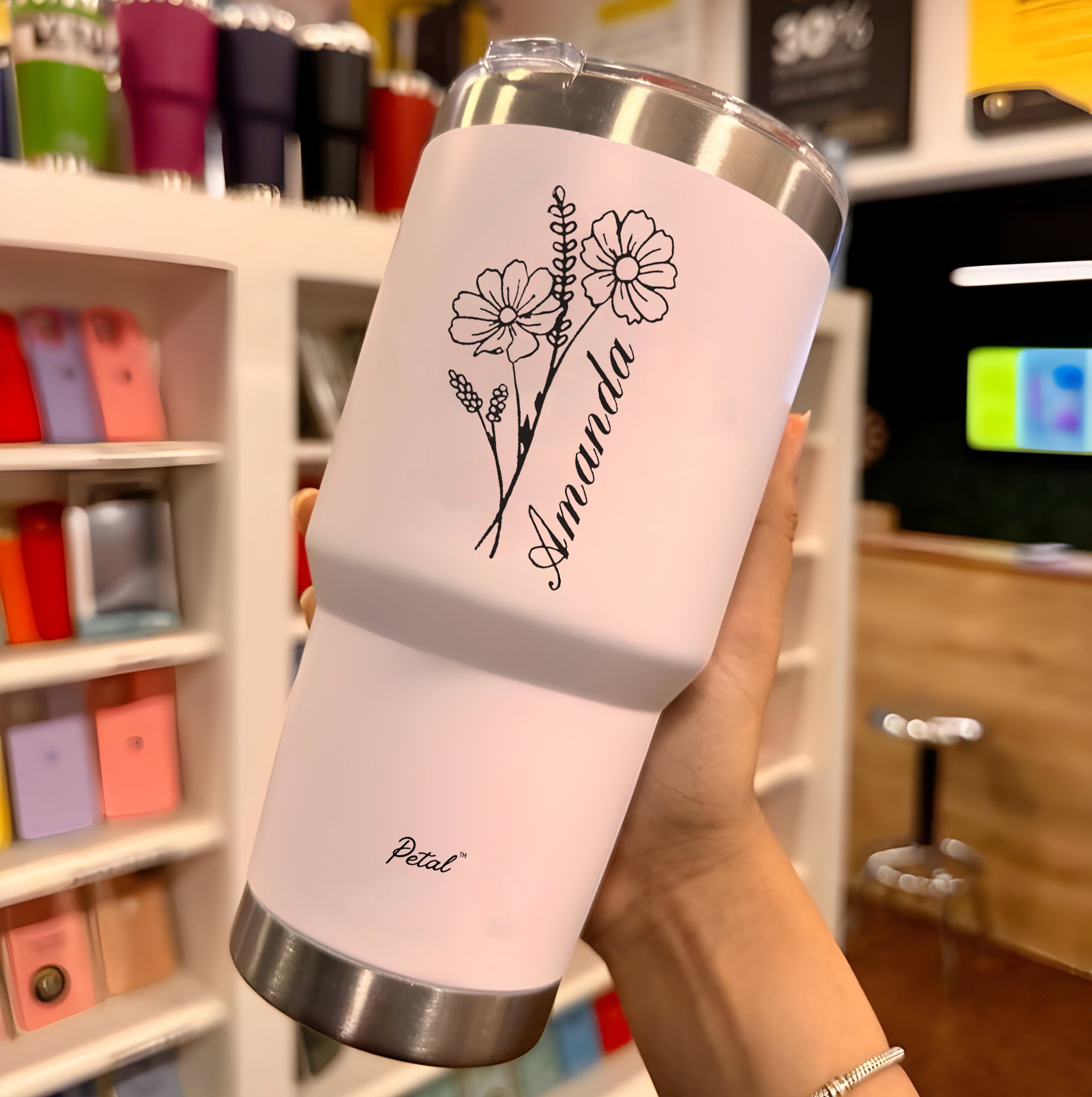 Personalized Birth Flowers 30oz Step Tumbler With Name, Stainless Steel Tumblers With Straw Handle, Custom Birth Month Flowers Cup, Birthday Gift