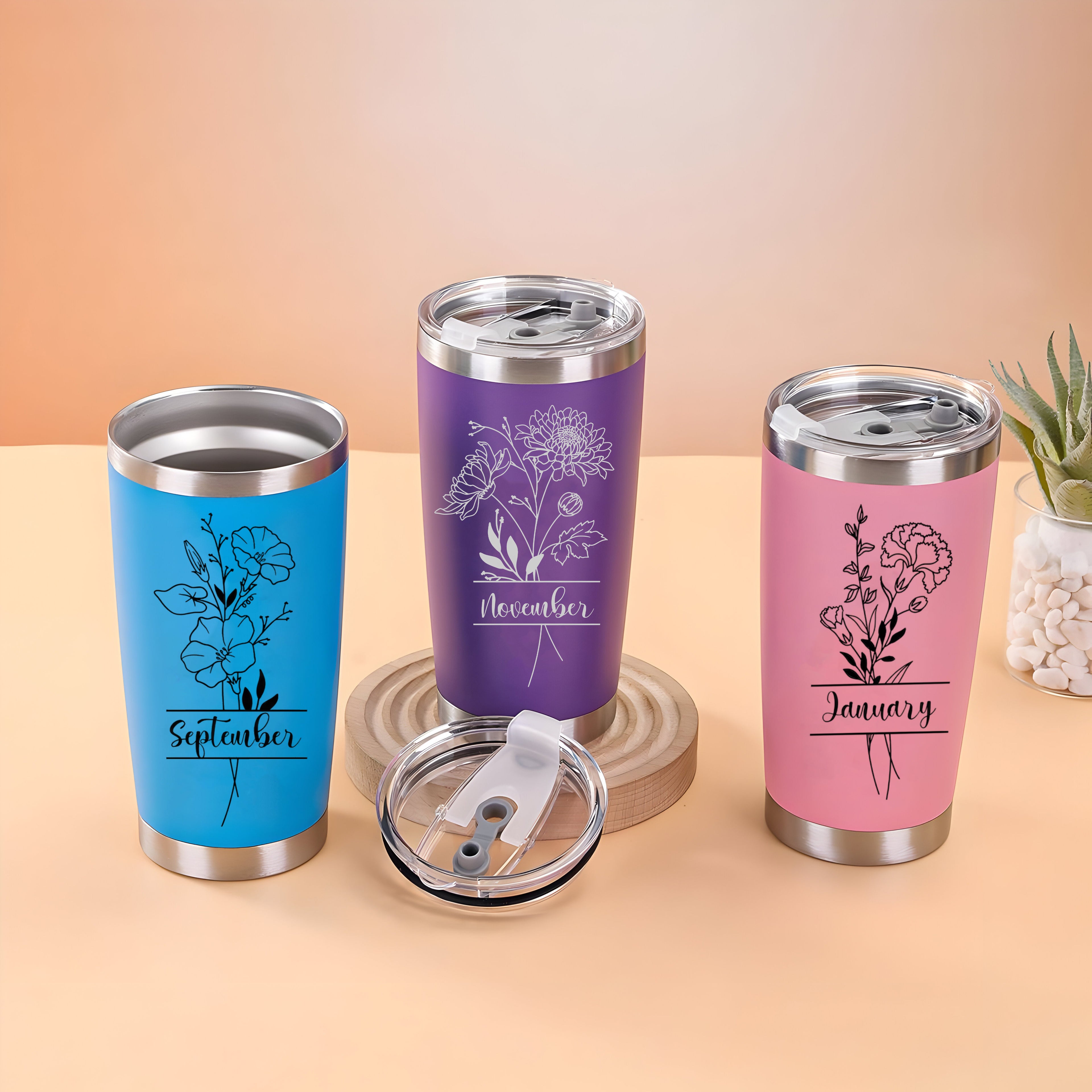 Stainless Steel Birth Flower Tumbler, Personalized Monthly Flower Travel Mug, Custom Insulated Cup, Birthday Gift for Her Him