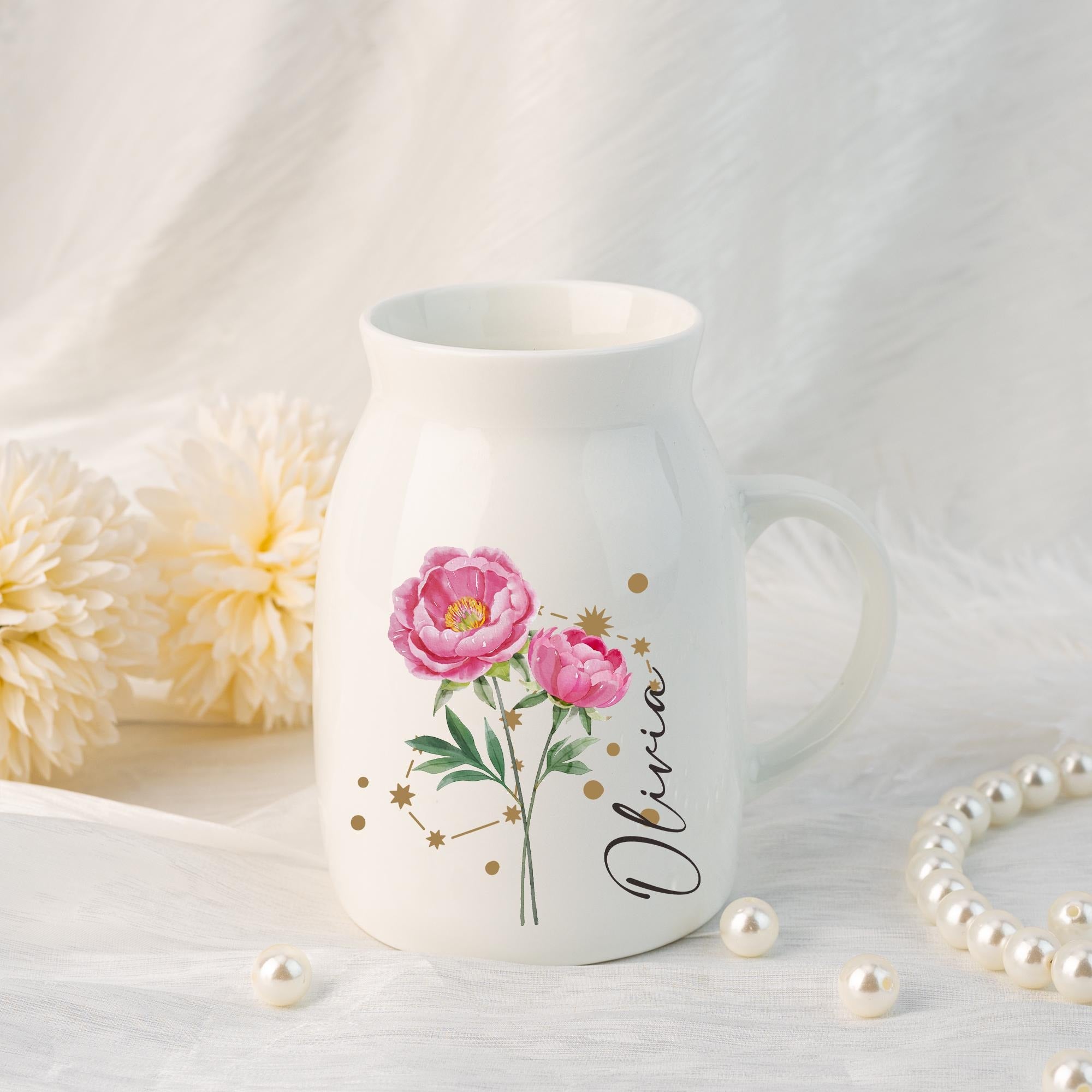 Birth Flower Vase, Zodiac Sign Vase, Personalized Vase for Birthday Gift, Flower Vase with Constellation Sign, Mini Ceramic Vase, Home Decor