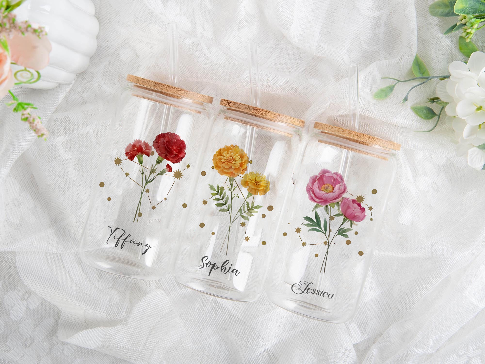 Personalized Birth Flower and Zodiac Sign Glass Cup with Bamboo Lid and Straw, Custom Name Iced Coffee Tumbler, Astrology Floral Gift for Her