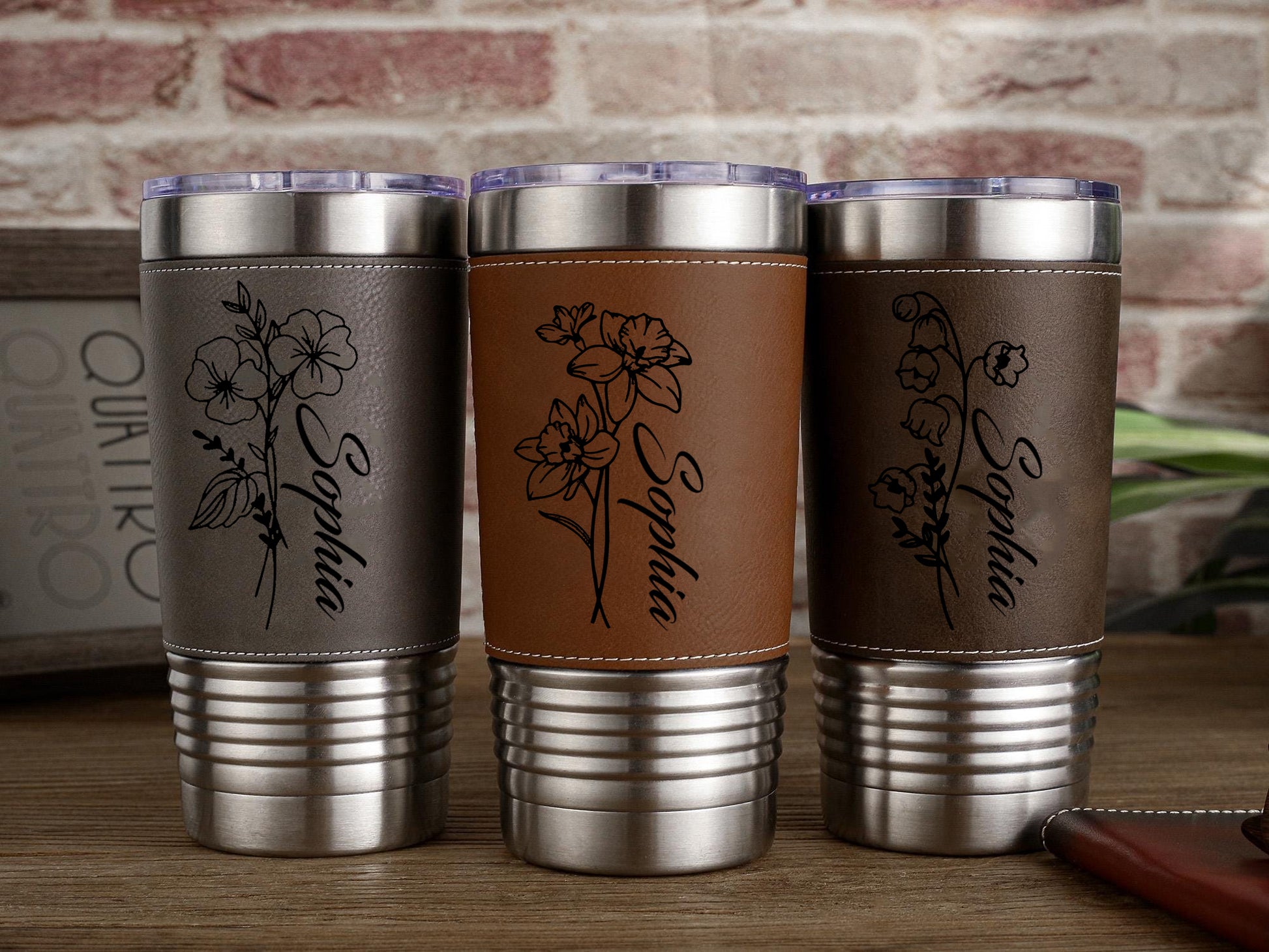 Personalized Birth Flowers 20oz Leatherette Tumbler With Name, Bridesmaid Gift, Custom Name Travel Cup, Birthday Gift, Gift For Her Mother