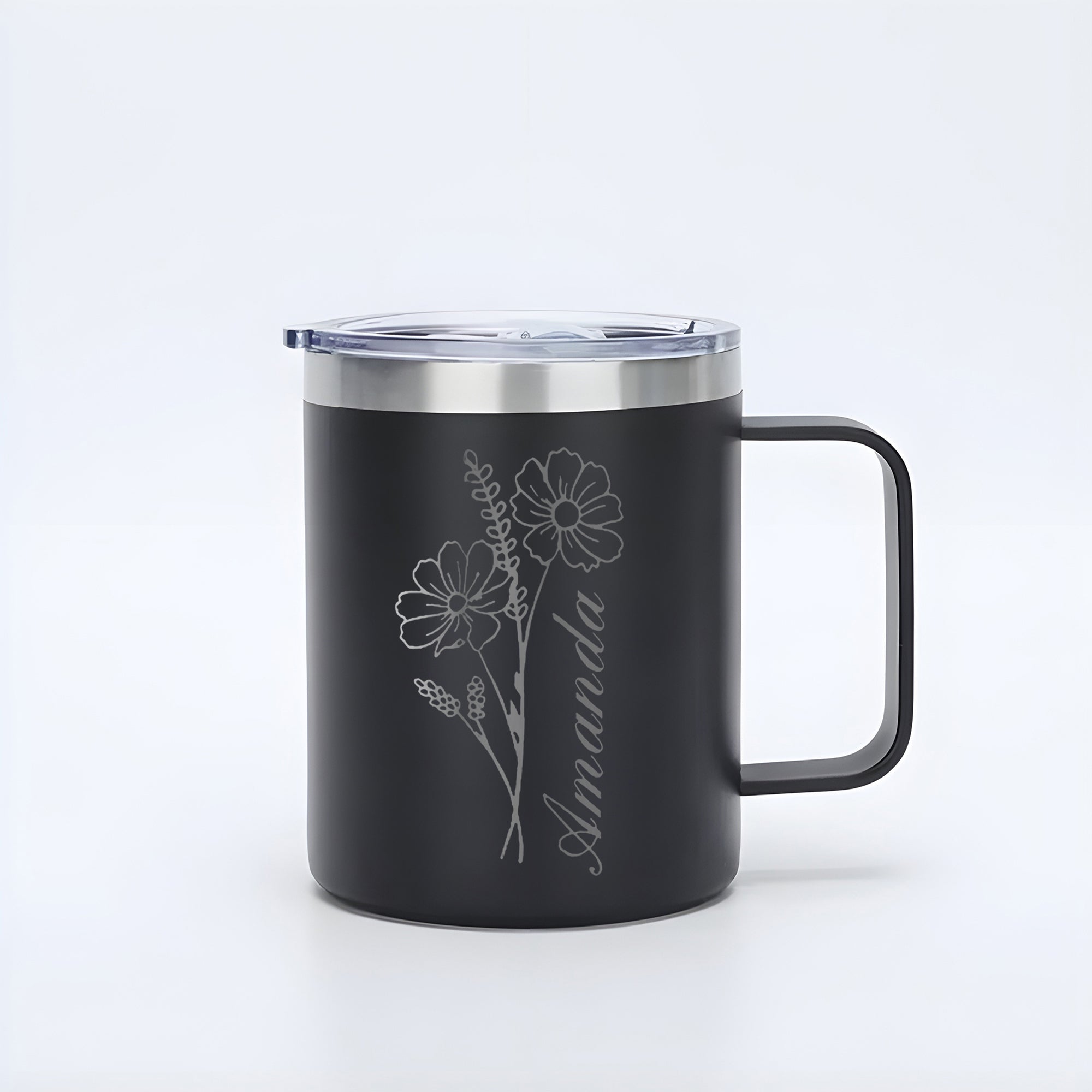 Personalized Engraved 12oz Birth Flowers with Handle Coffee Mug, Bridesmaid Gift, Custom Name Travel Cup, Birthday Gift, Gift For Her Mother