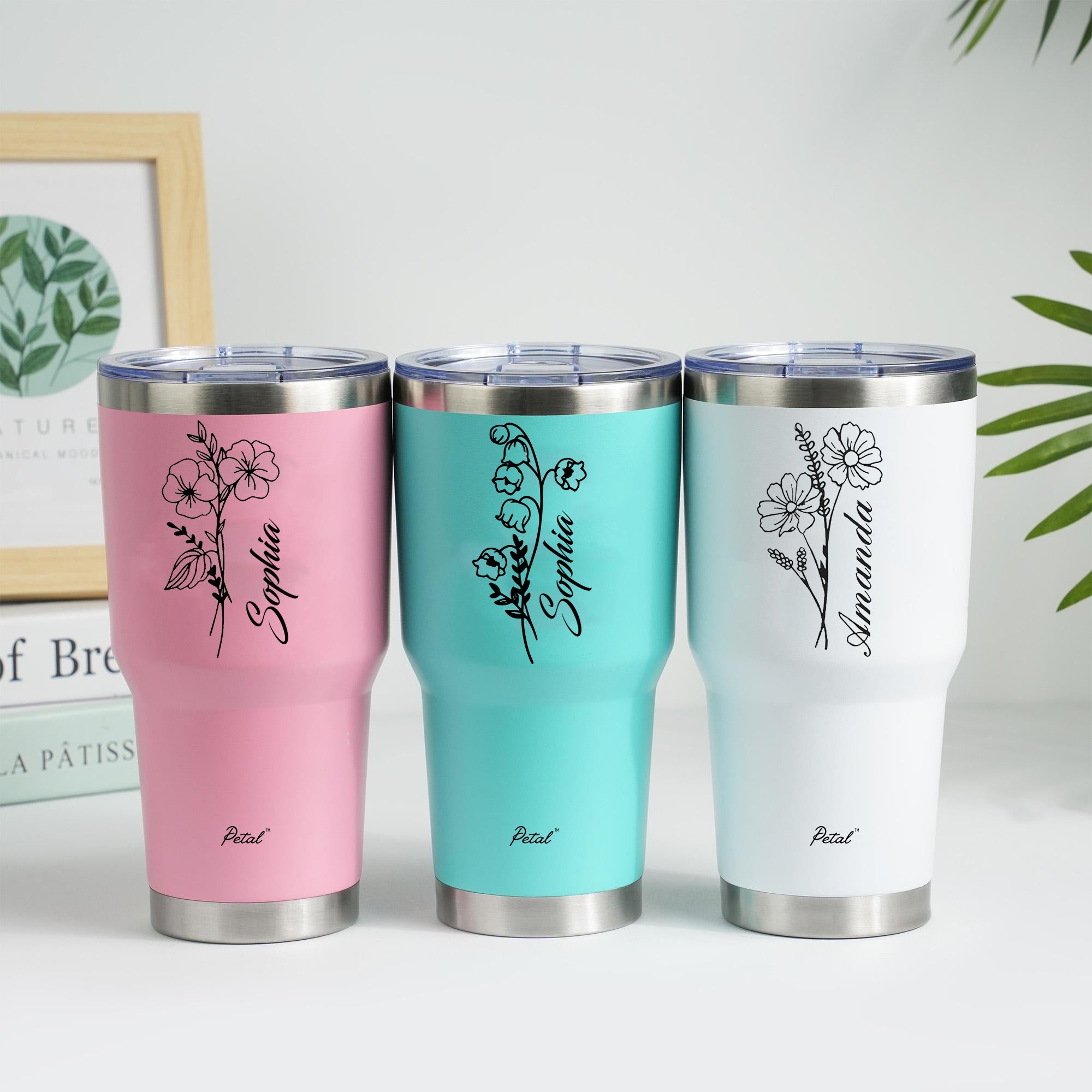 Personalized Birth Flowers 30oz Step Tumbler With Name, Stainless Steel Tumblers With Straw Handle, Custom Birth Month Flowers Cup, Birthday Gift