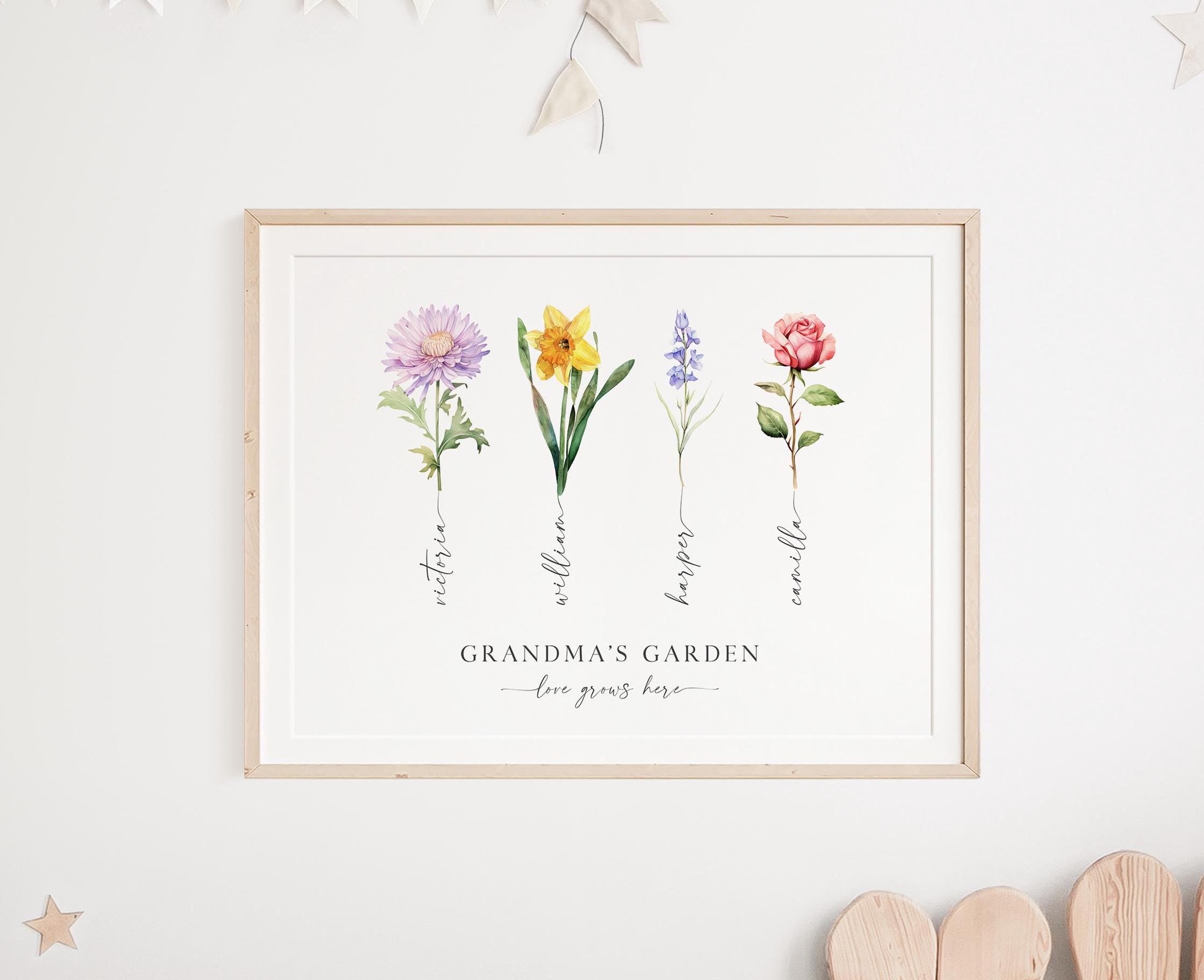 Grandma's Garden Birth Flower Print for Nana, Personalized Christmas Gift for Grandma, Birth Flower Bouquet, Grandchildren Names Digital Art