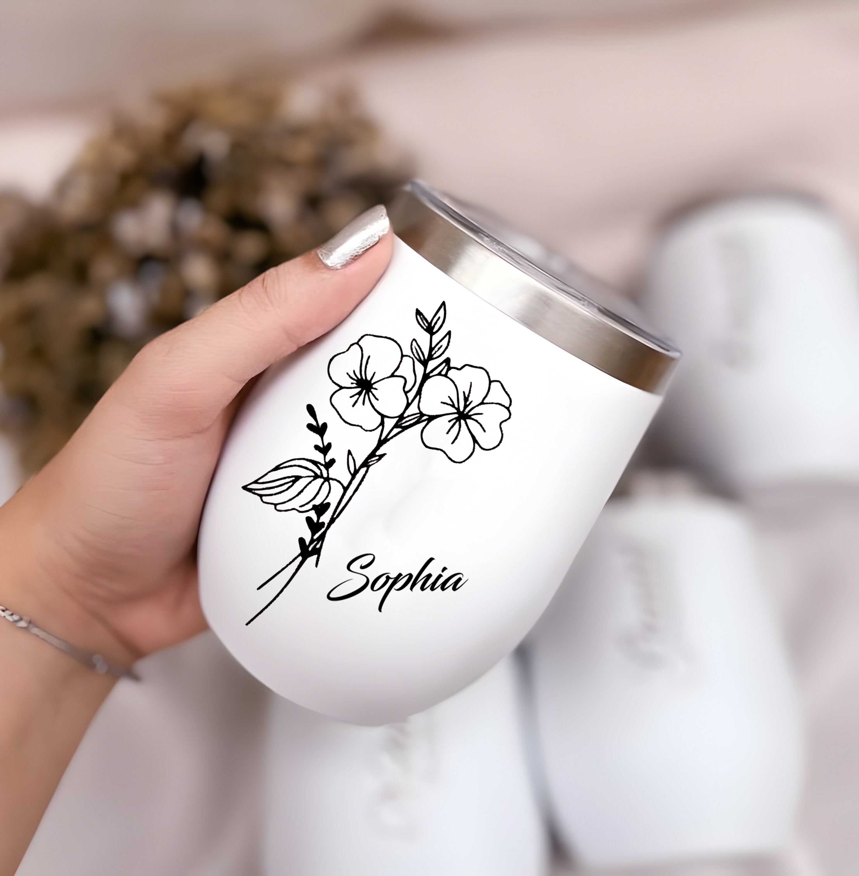 Personalized Birth Flowers 12oz Edged Wine Tumbler With Name, Custom Birth Month Flowers Cup, Birthday Gift