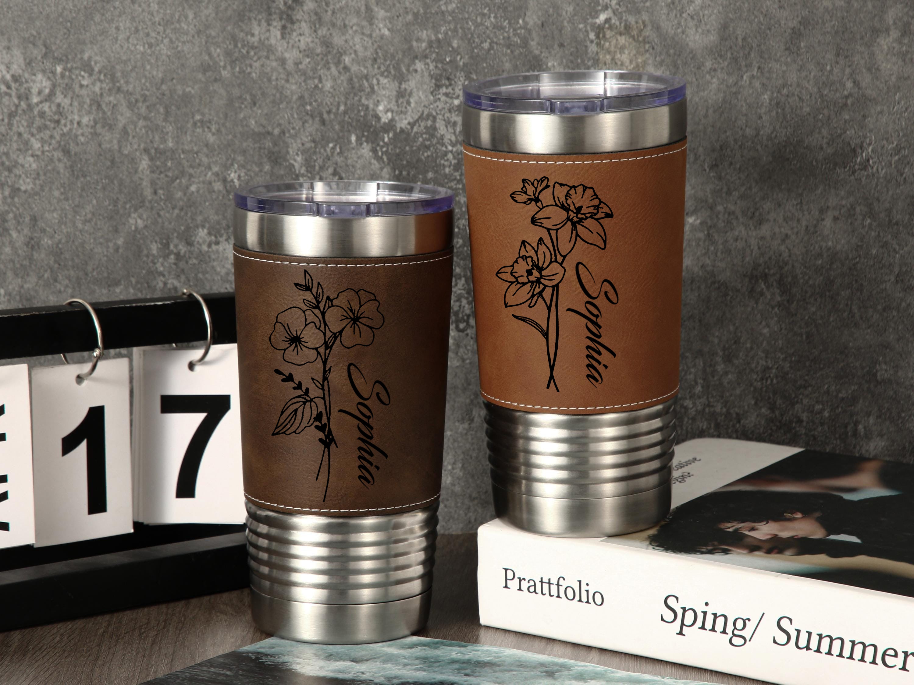 Personalized Birth Flowers 20oz Leatherette Tumbler With Name, Bridesmaid Gift, Custom Name Travel Cup, Birthday Gift, Gift For Her Mother